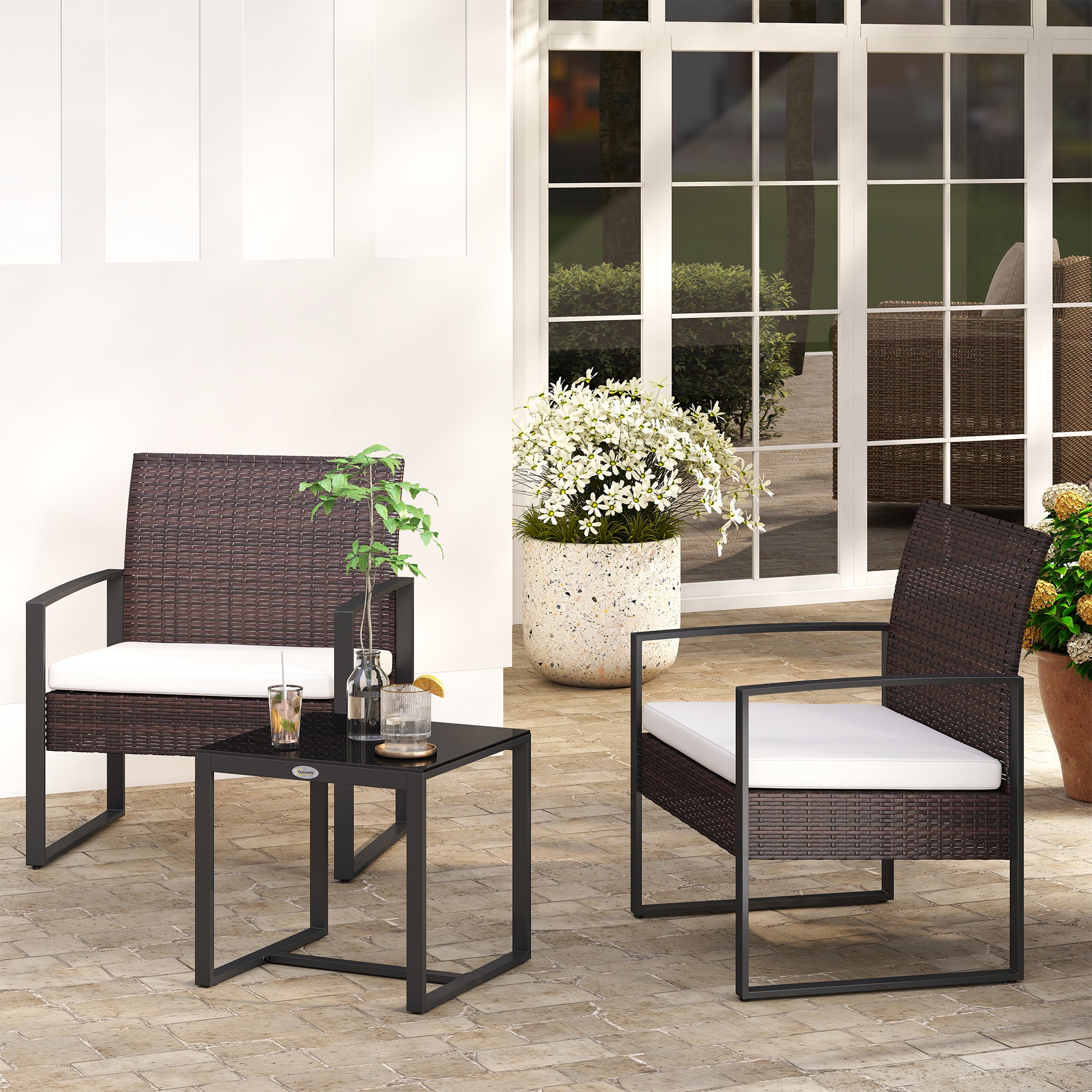 Outsunny Polyrattan Gartenset für 2 Personen Balkonmöbel Set mit Kissen Braun+Creme