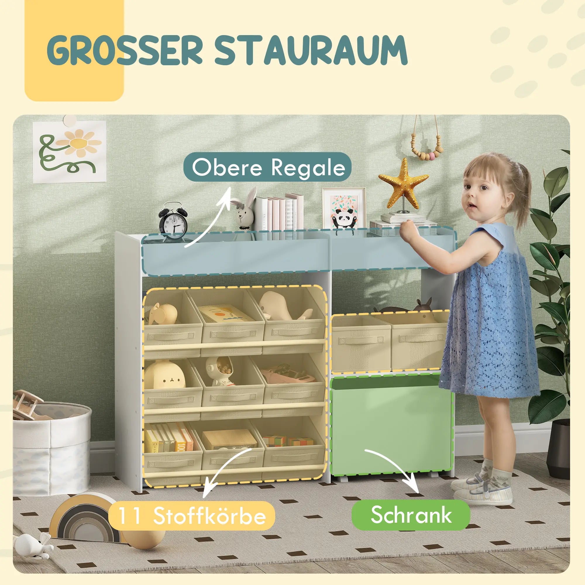 AIYAPLAY Kinderregal mit 11 Stoffboxen & Schrankfach, Weiß