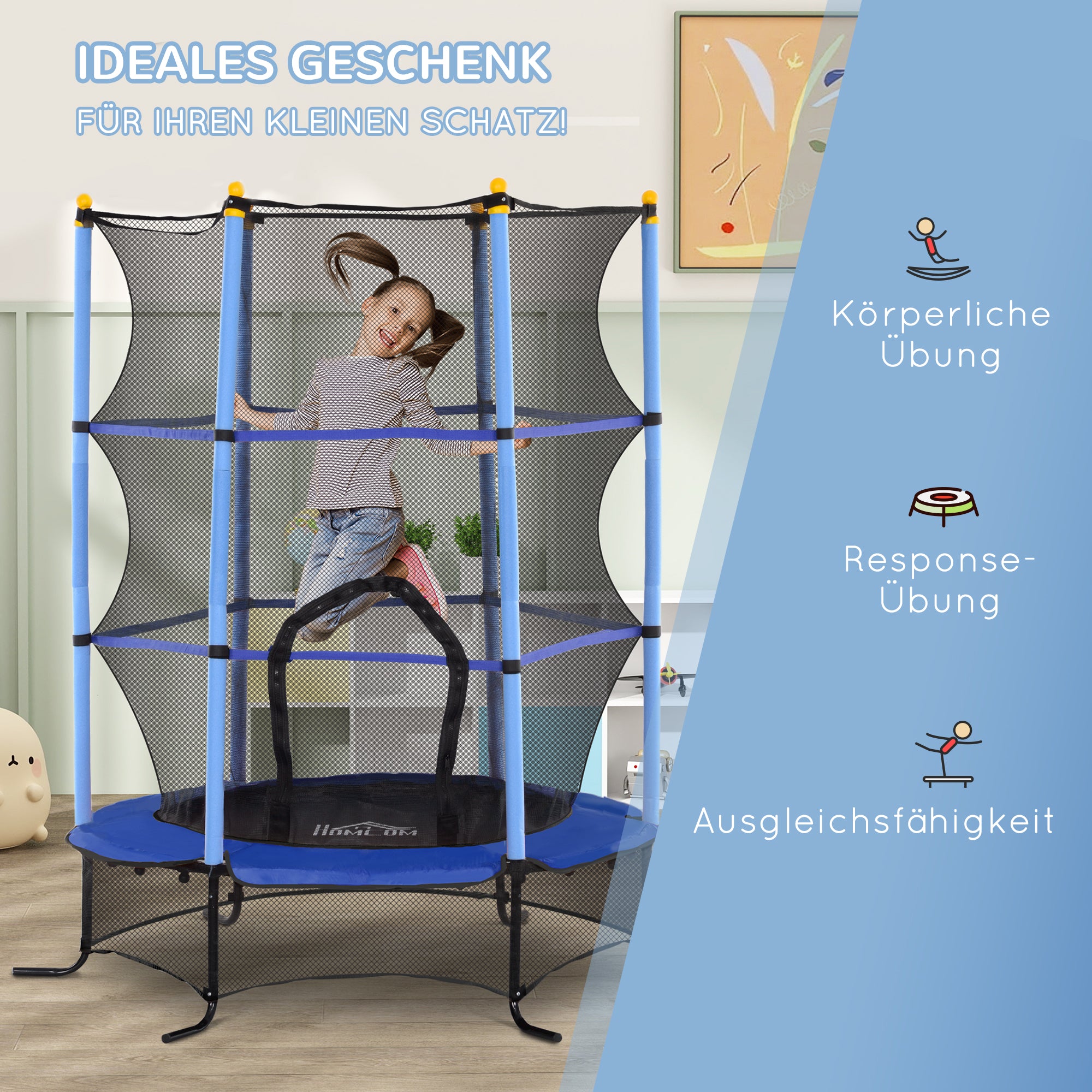 HOMCOM Trampolin für Kinder, Ø163 cm, mit Sicherheitsnetz, In- und Outdoor, Belastung bis 50 kg, Stahl, Kunststoff, Blau