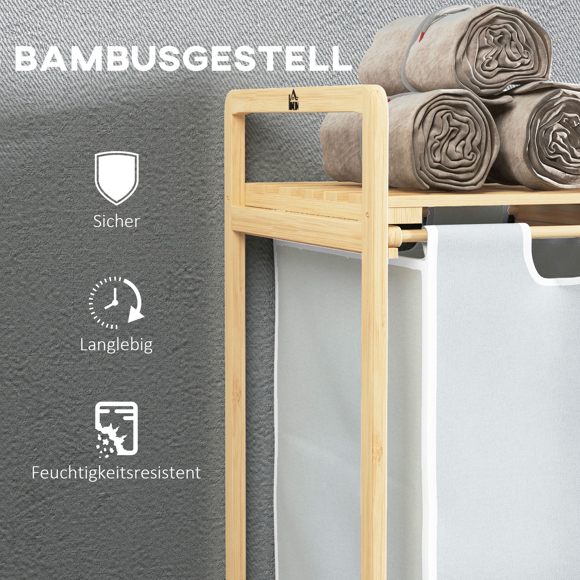 HOMCOM Wäschekorb mit 2 Waschsäcken, 1 Ablage, Bambus, 63,5 cm x 33 cm x 73 cm, Hellgrau + Natur