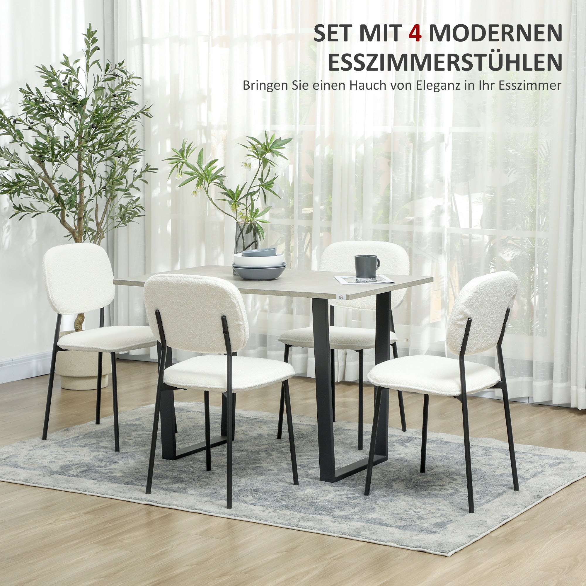 HOMCOM 4er-Set Esszimmerstühle, weicher Stoffbezug, Stahlbeine, armloses Design, Weiß