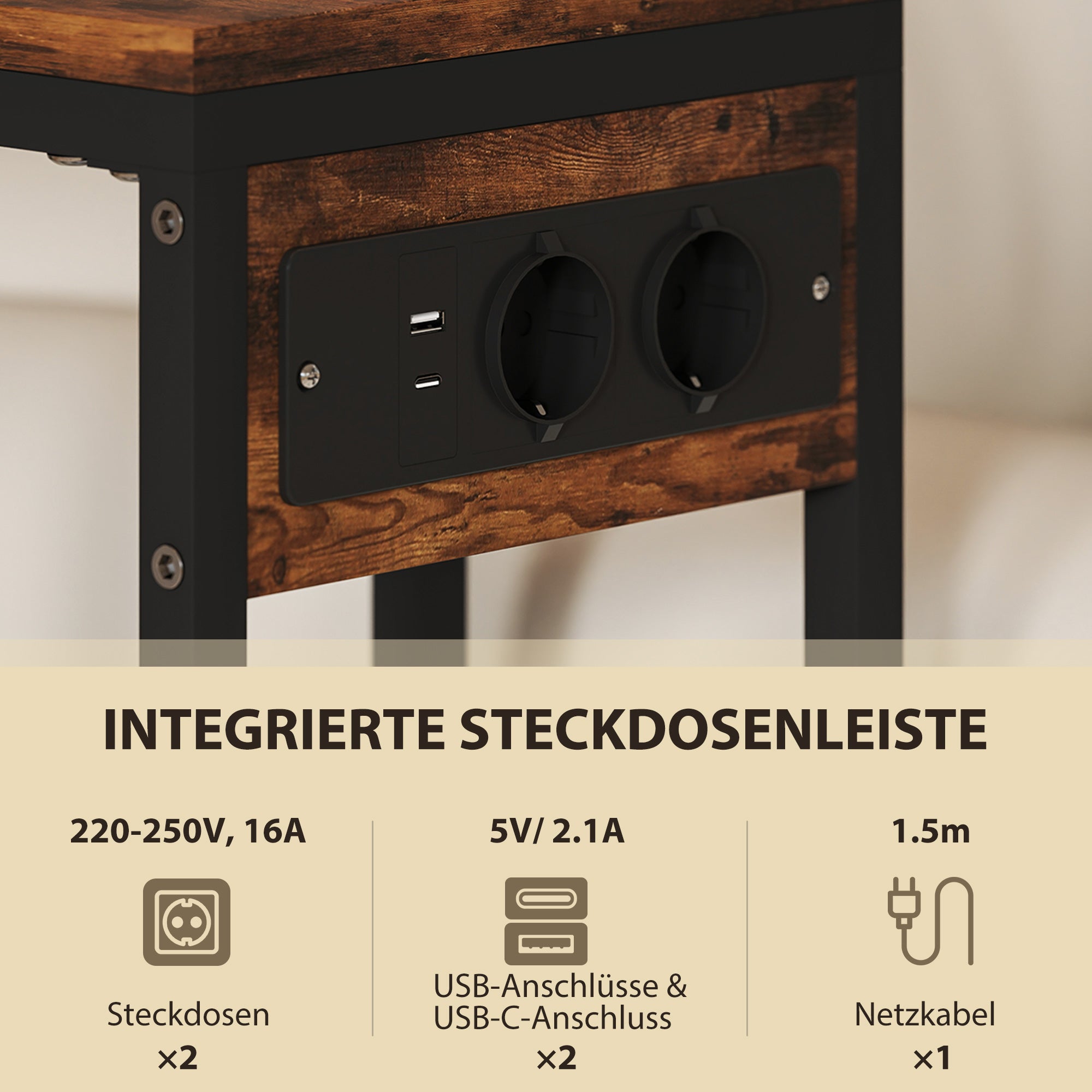HOMCOM Beistelltisch mit Steckdosen, USB-Anschlüssen, Kabel, C-förmiges Design