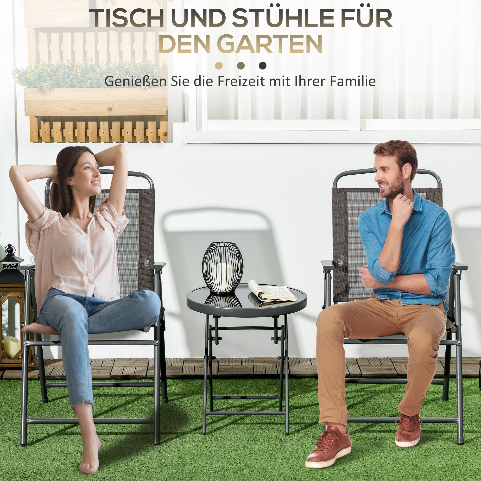 Outsunny Bistro-Set 3-teilig aus Metall Wetterfest Gartenmöbel Set mit klappbar Glastisch Gartenstühlen Braun
