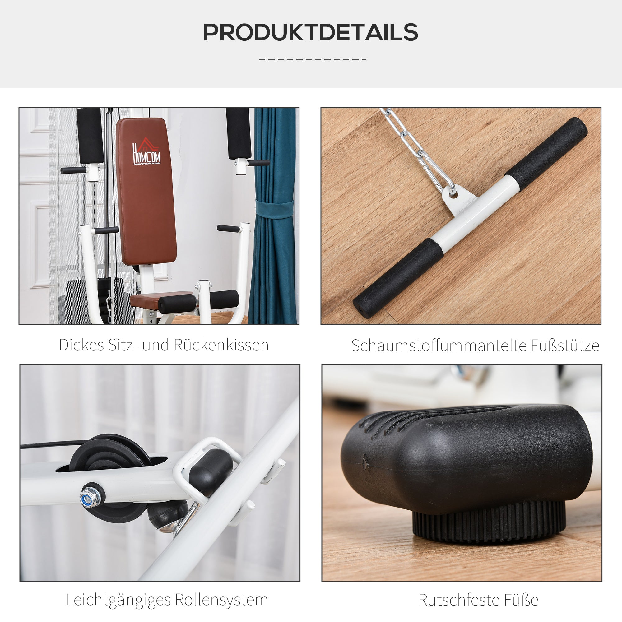 HOMCOM Gym Kraftstation Fitnessstation Multigym Fitnesscenter Fitnessgerät inkl. Gewichten Latzug Beincurl Metall PU-Kunstleder Weiß 150 x 110 x 210 cm