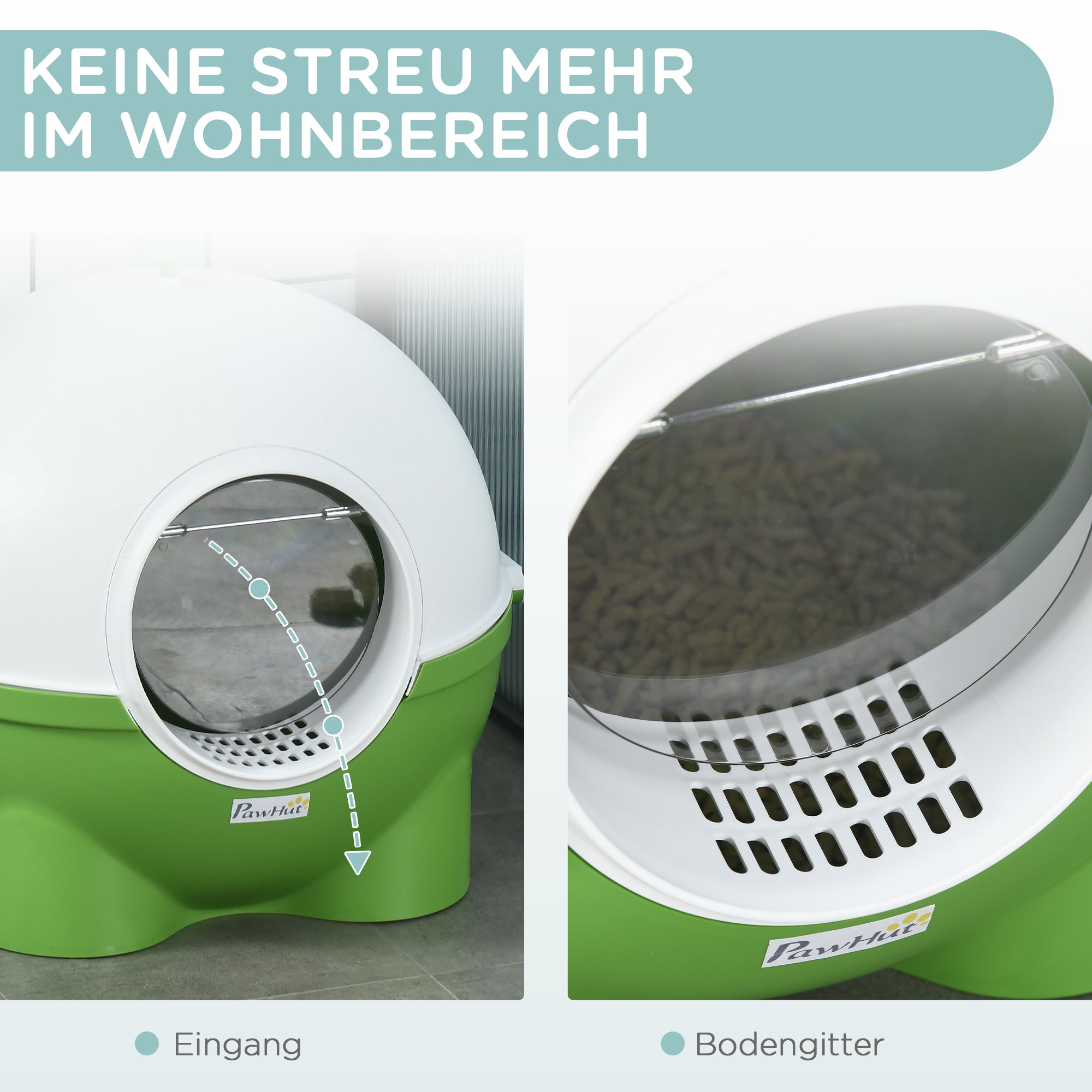 PawHut Katzentoilette mit Sieb, inkl. Schaufel, niedliches Design; Grün + Weiß