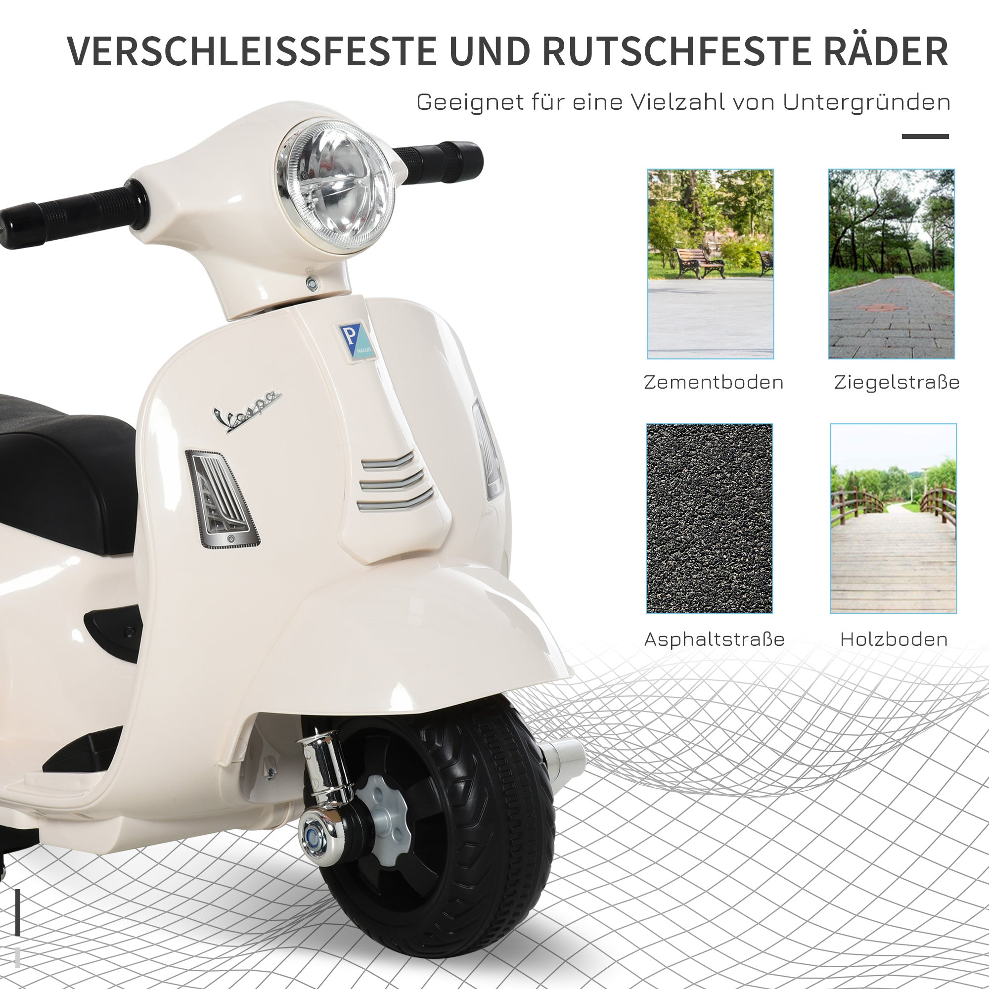 HOMCOM Elektro Kindermotorrad Vespa Elektromotorrad mit LED-Licht, Sound, Kinder Elektro Motorrad für Kinder von 18-36 Monate Weiß