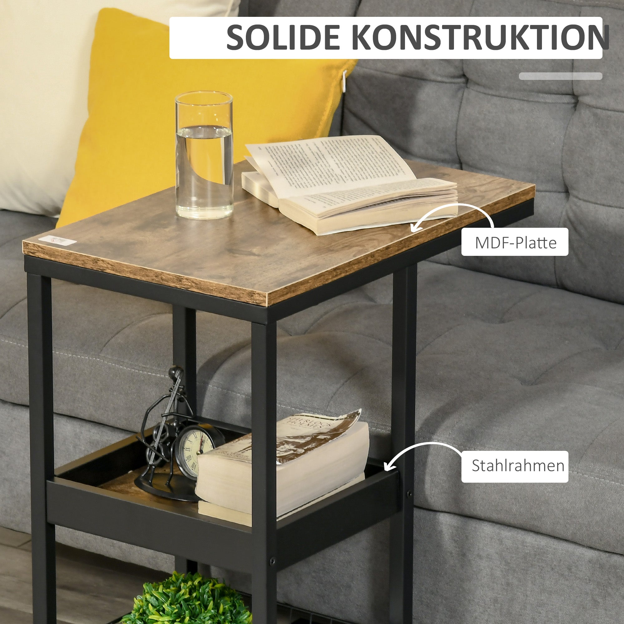 HOMCOM Beistelltisch mit Rädern für Sofa oder Bett, Industriestil, Stahl und Holz, Braun und Schwarz