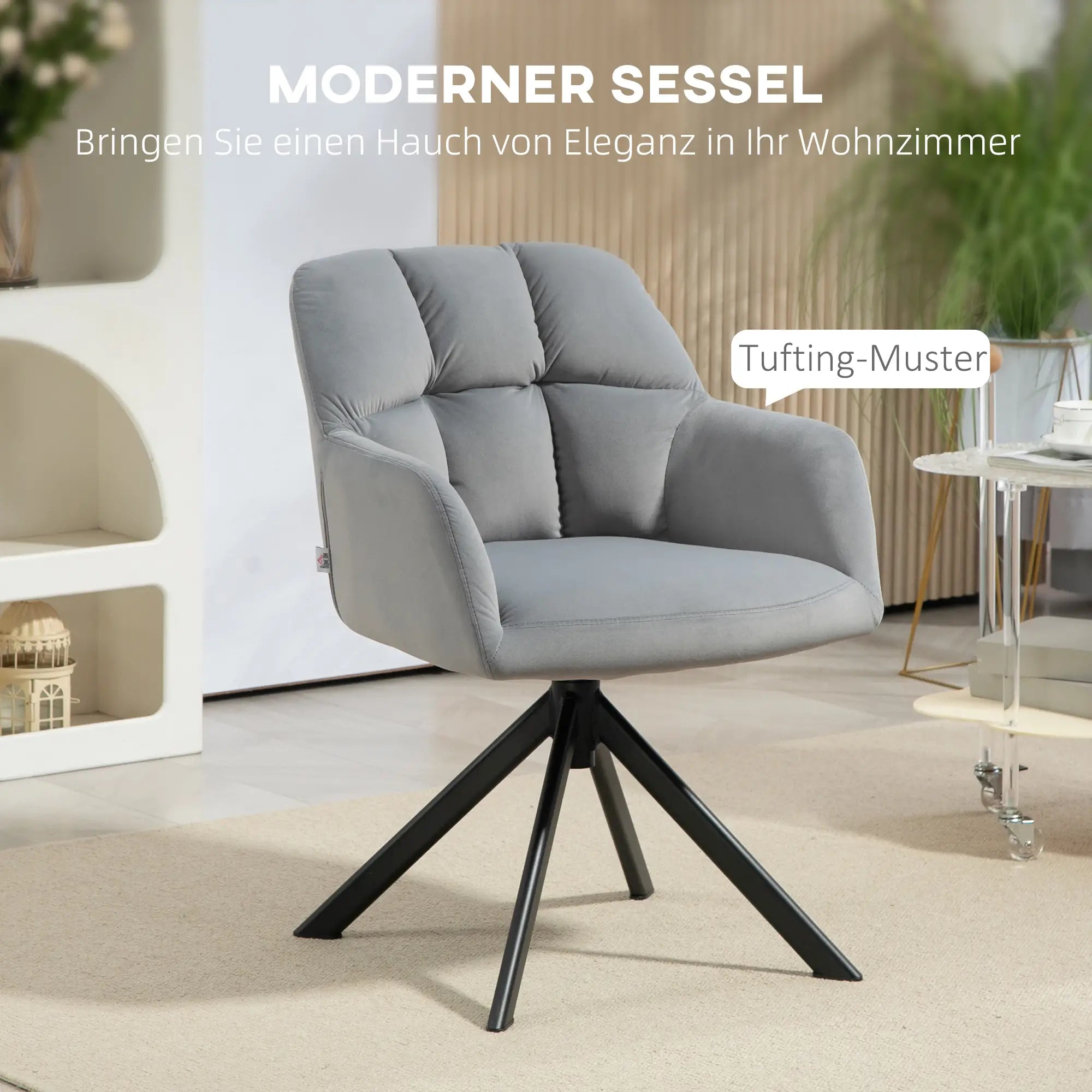HOMCOM Drehbarer Armstuhl, Moderner Akzentsessel mit Metallbeinen für Wohnzimmer, Schlafzimmer, Büro, Grau