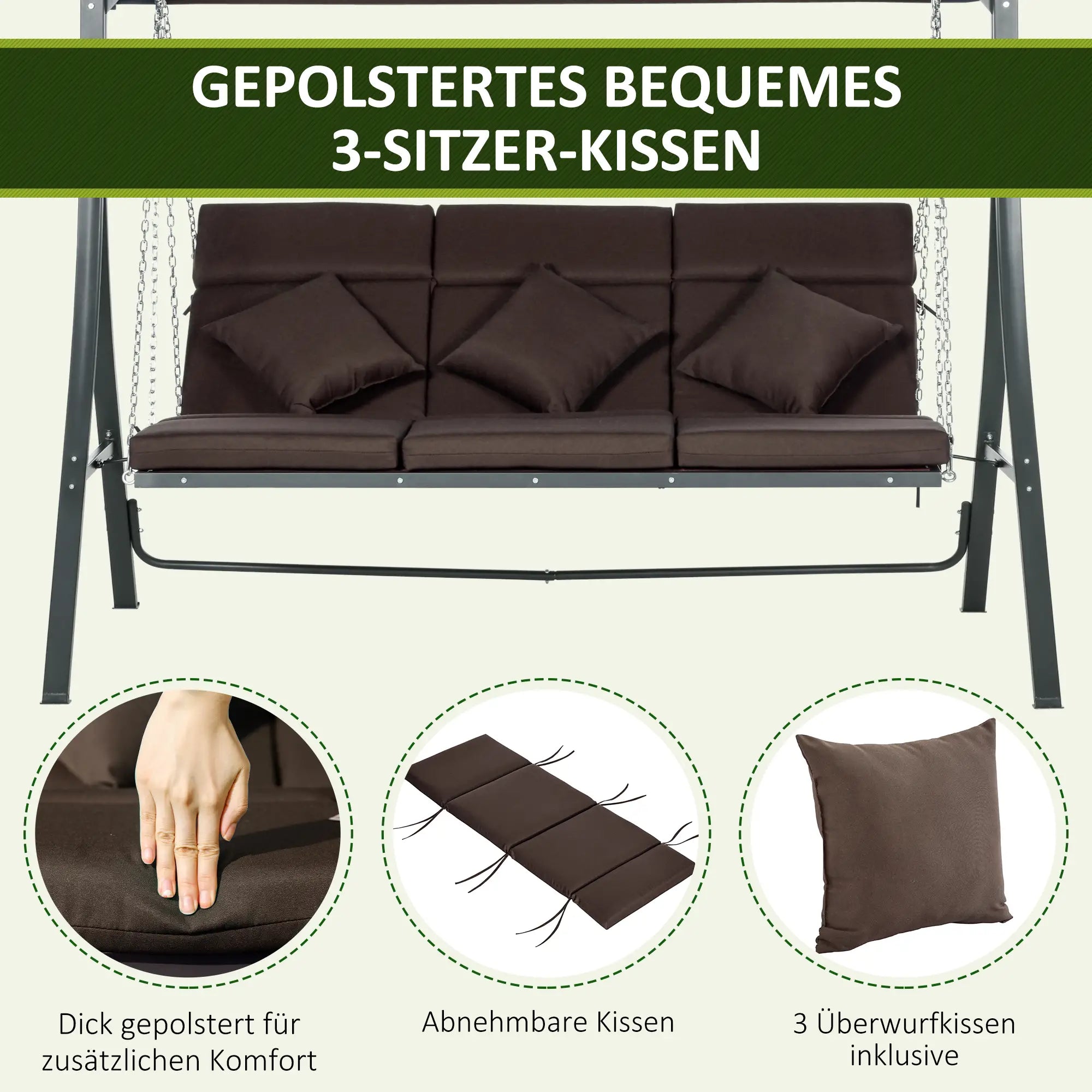 Outsunny Hollywoodschaukel, für 3 Personen, verstellbares Sonnendach, bis 270 kg, braun, 198 x 118 x 168 cm