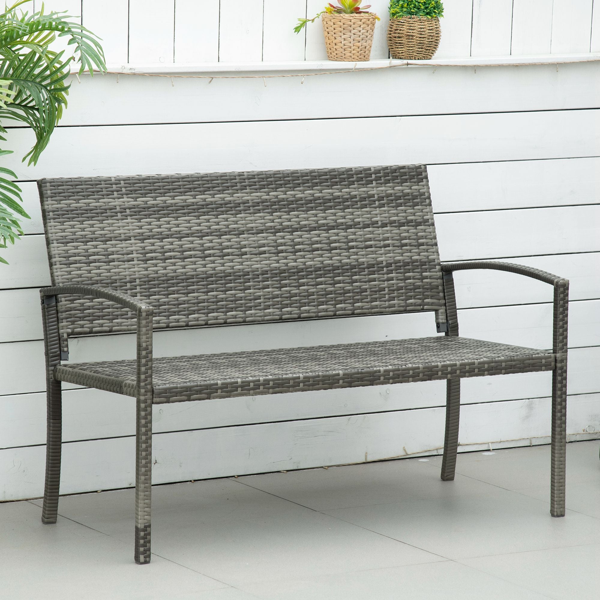 Outsunny Gartenbank, in Rattanoptik, mit Stahlrahmen, für 2 Personen, Braun, 122 x 60 x 87cm