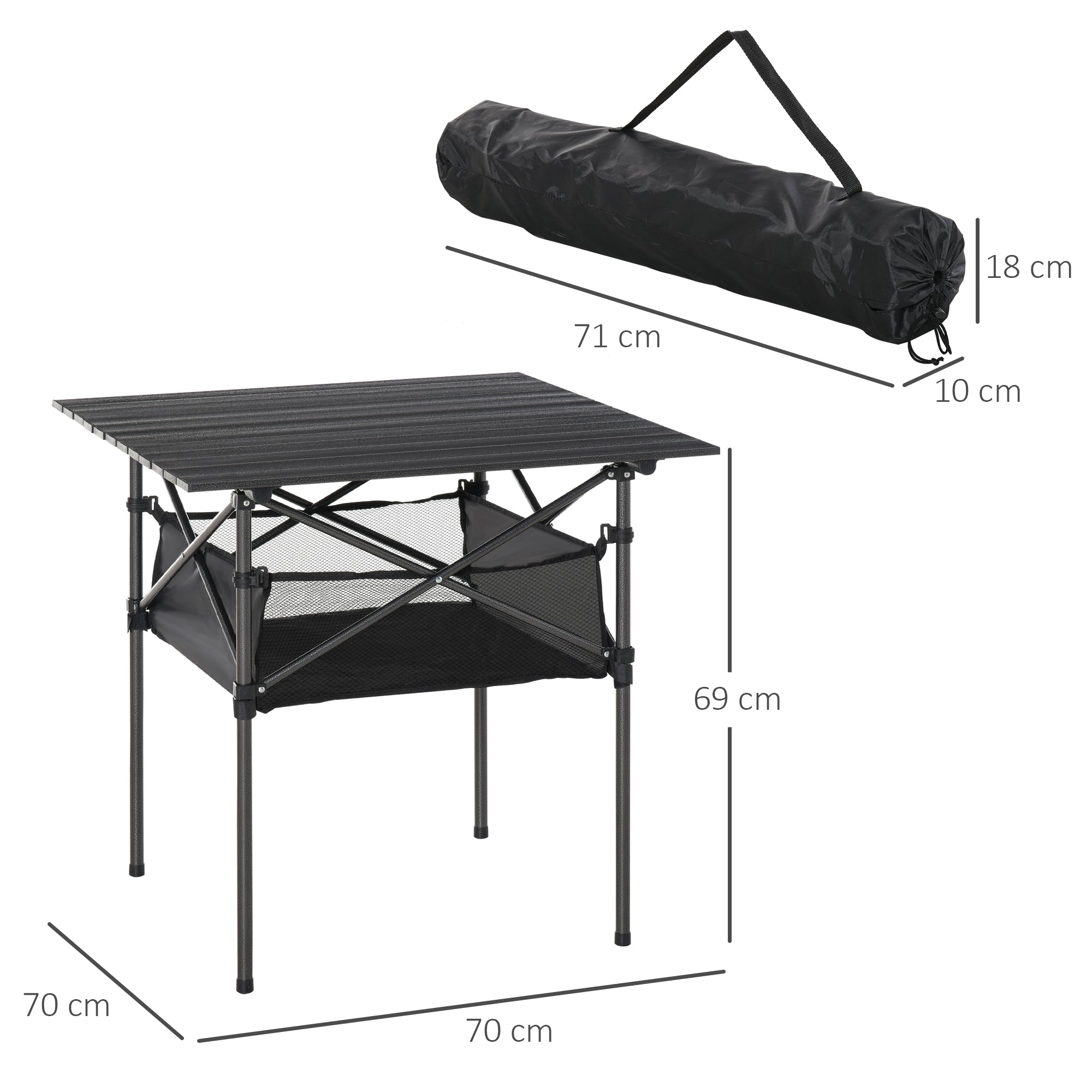 Outsunny Campingtisch aus Aluminium faltbar Klapptisch Falttisch mit Netztasche tragbarer Picknicktisch für Camping Garten Party Picknick Balkon Schwarz 70 x 70 x 69 cm