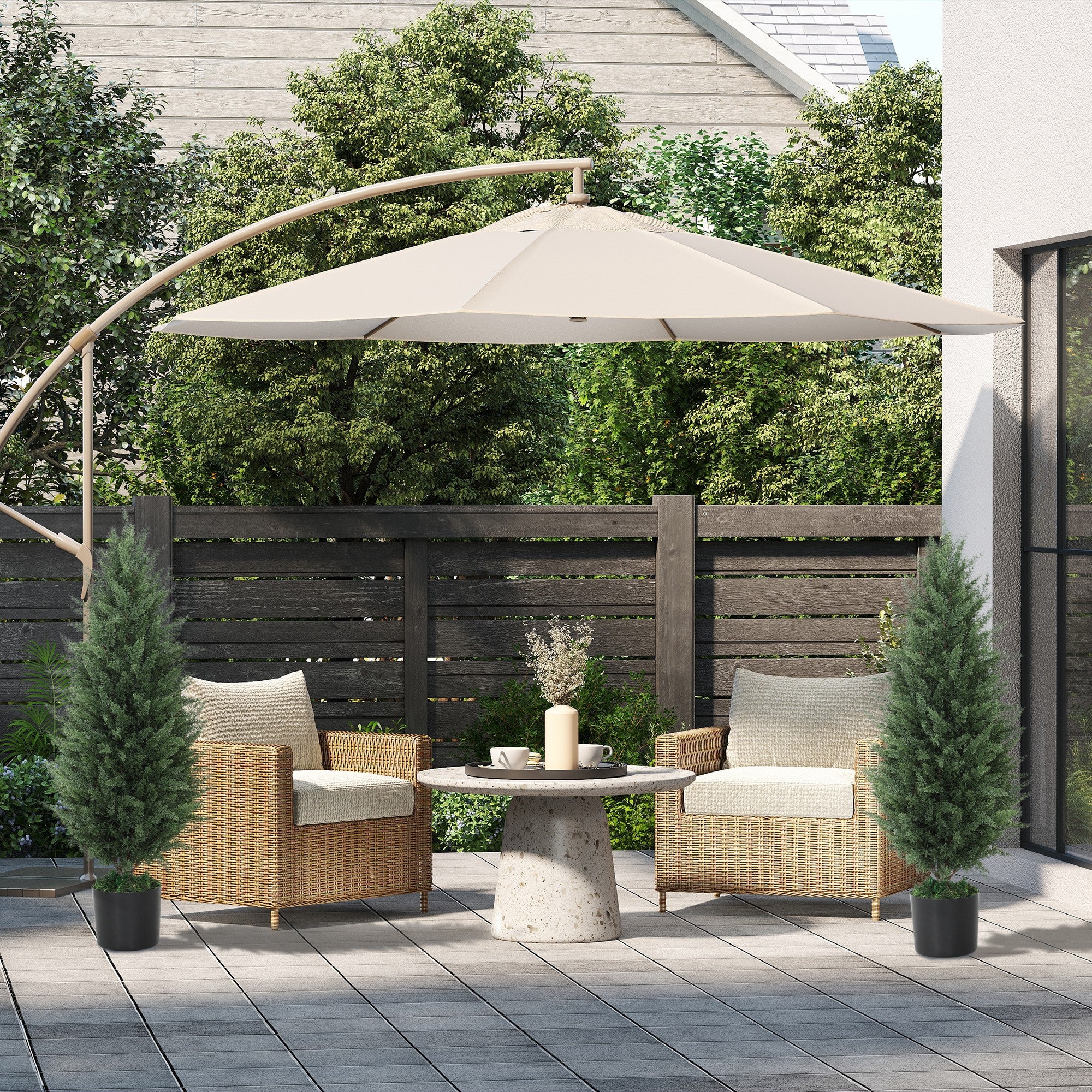 HOMCOM 2er-Set Künstliche Zypressen, Kunstbäume mit 831 Blättern, mit Zementtopf, UV-beständig, Kunstpflanze, 90 cm, Grün