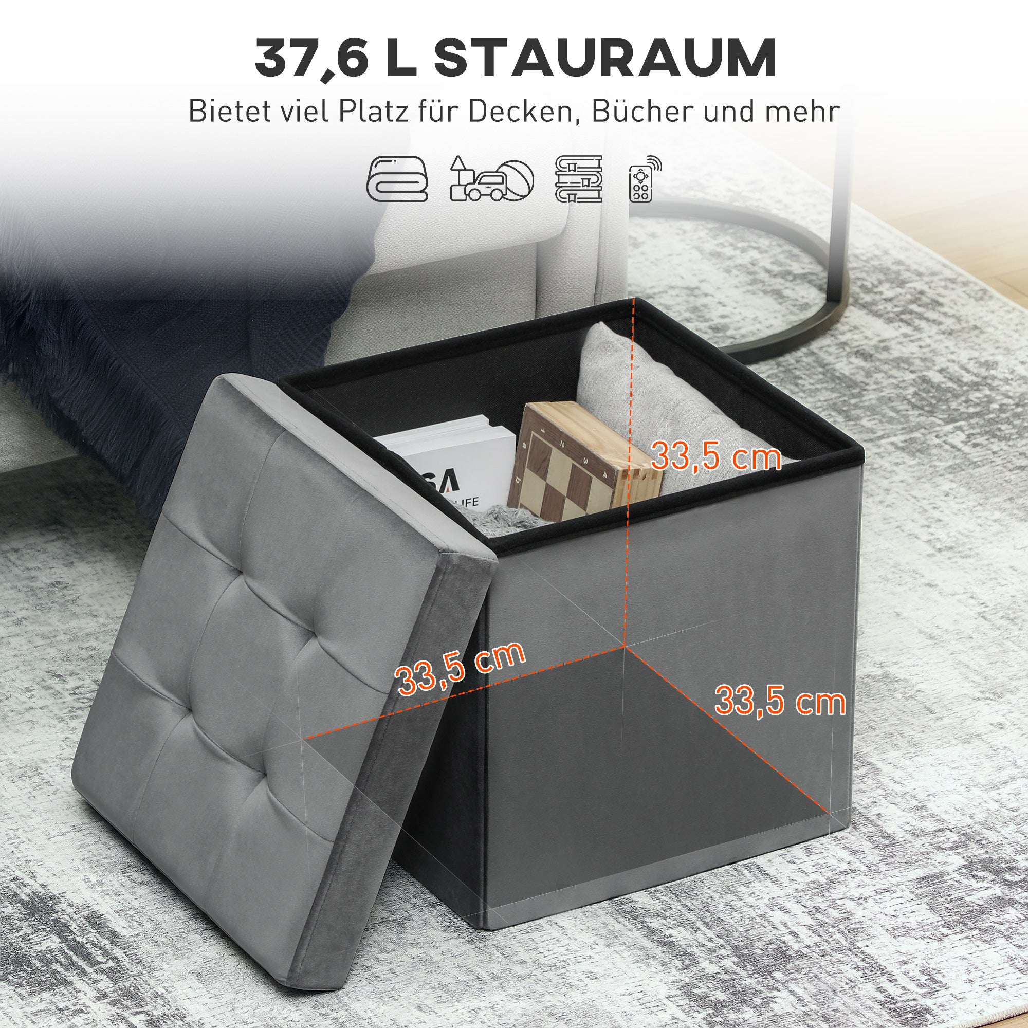 HOMCOM Klappbarer Sitzhocker mit Stauraum, Aufbewahrungsbox, Schaumstoff, MDF, Grau