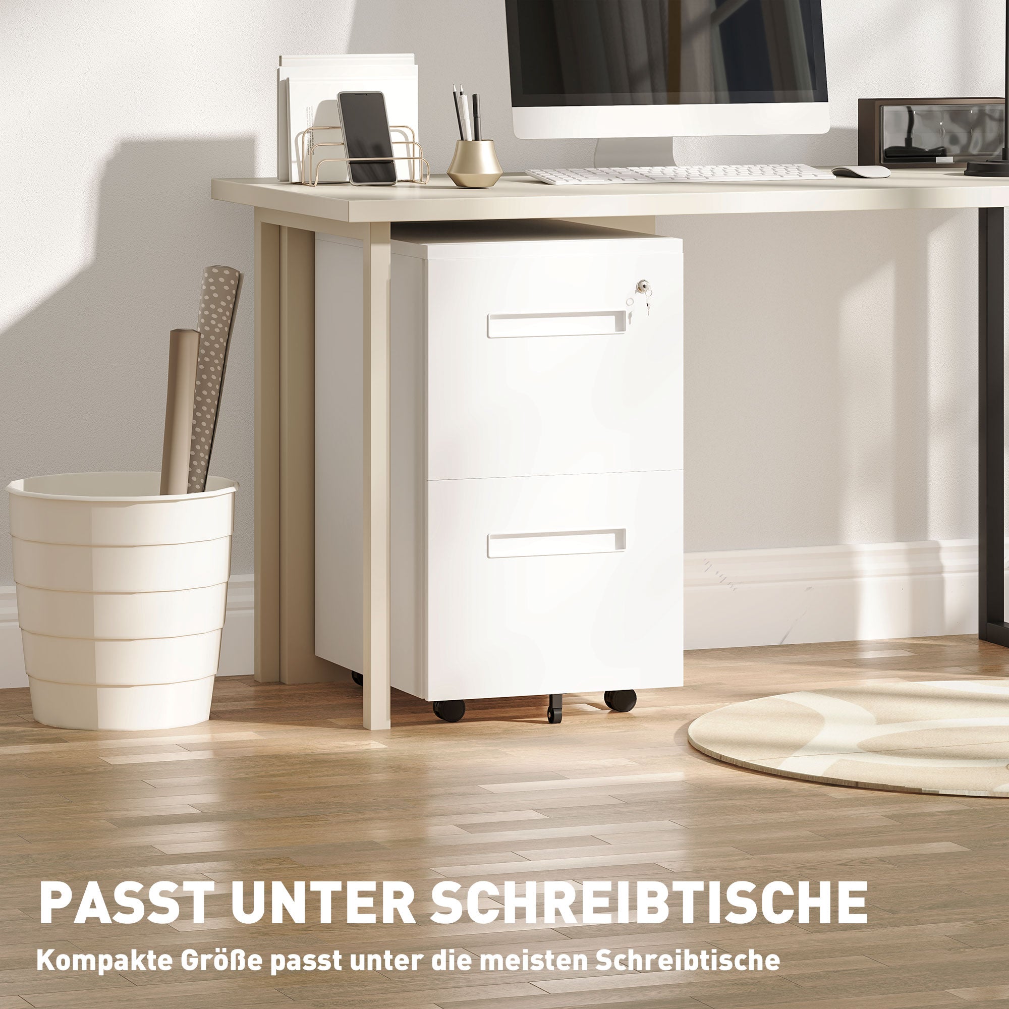 Vinsetto Rollcontainer, Aktenschrank, Trennwand, zentral abschließbar, Stahlgehäuse, 5 Räder, weiß, 39 x 48 x 67 cm