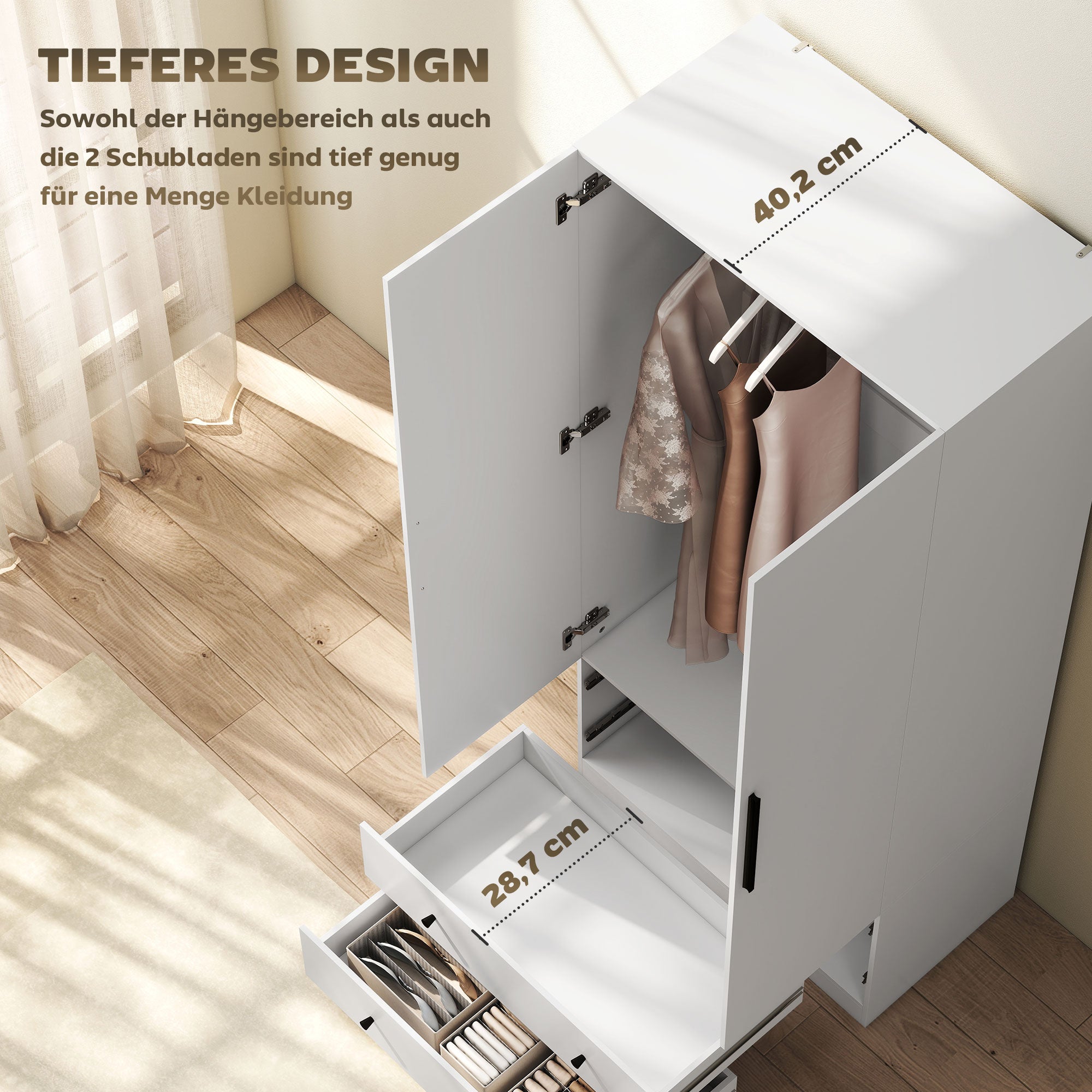 HOMCOM Kleiderschrank, 2 Türen, Hängebereich, Kleiderstange, 2 Schubladen, Spanplatte, Weiß