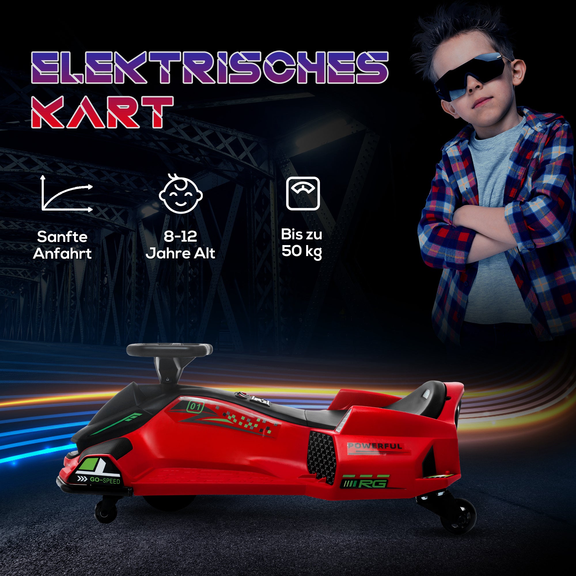 HOMCOM Elektrisches Go-Kart für Kinder, Gummiräder, 3-8 km/h, mit Lichtern und Musikfunktion, Rot