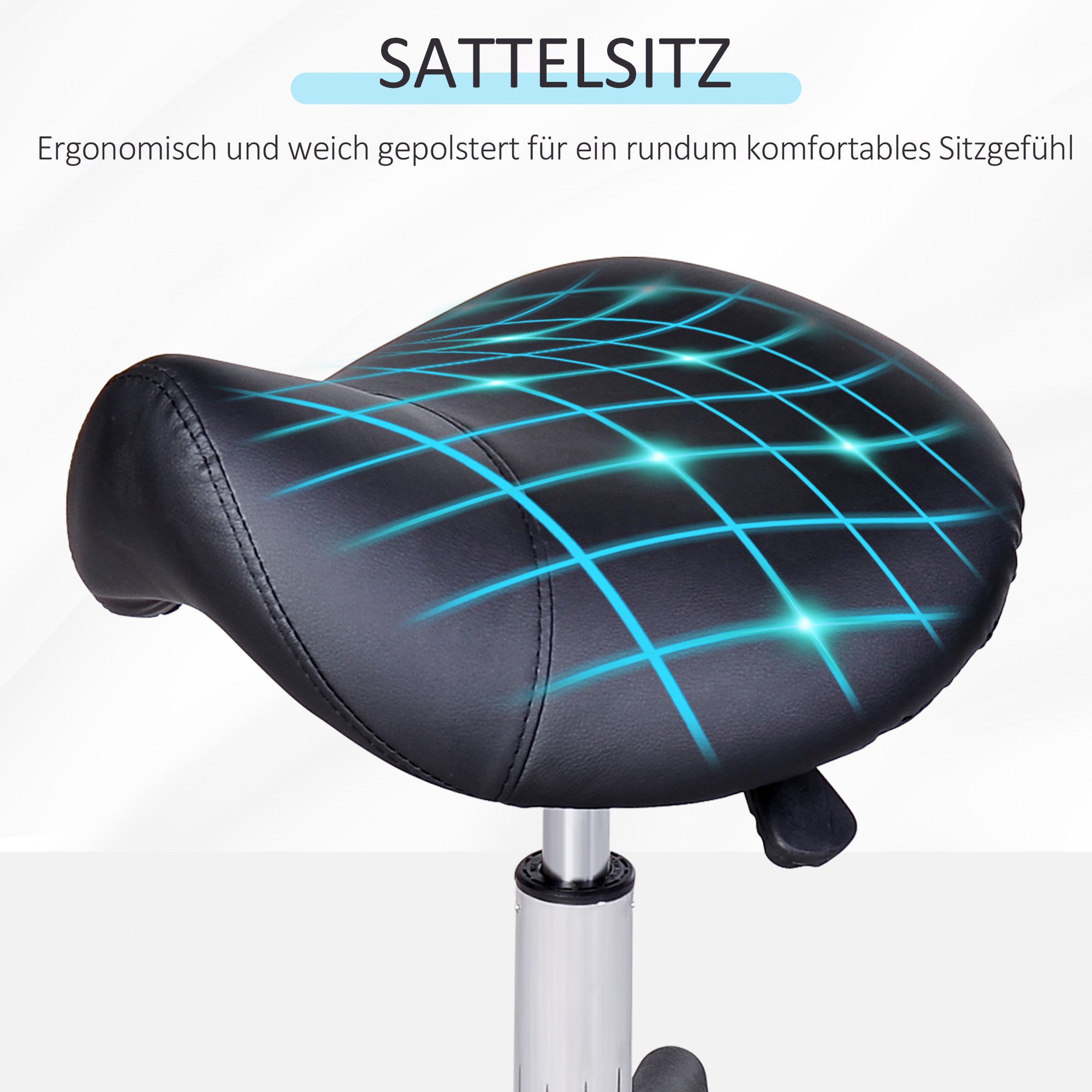 HOMCOM Rollhocker, sattelförmiger Sitz, höhenverstellbar, um 360° drehbar, Kunstleder, schwarz, 35 x 38 x 45-55 cm