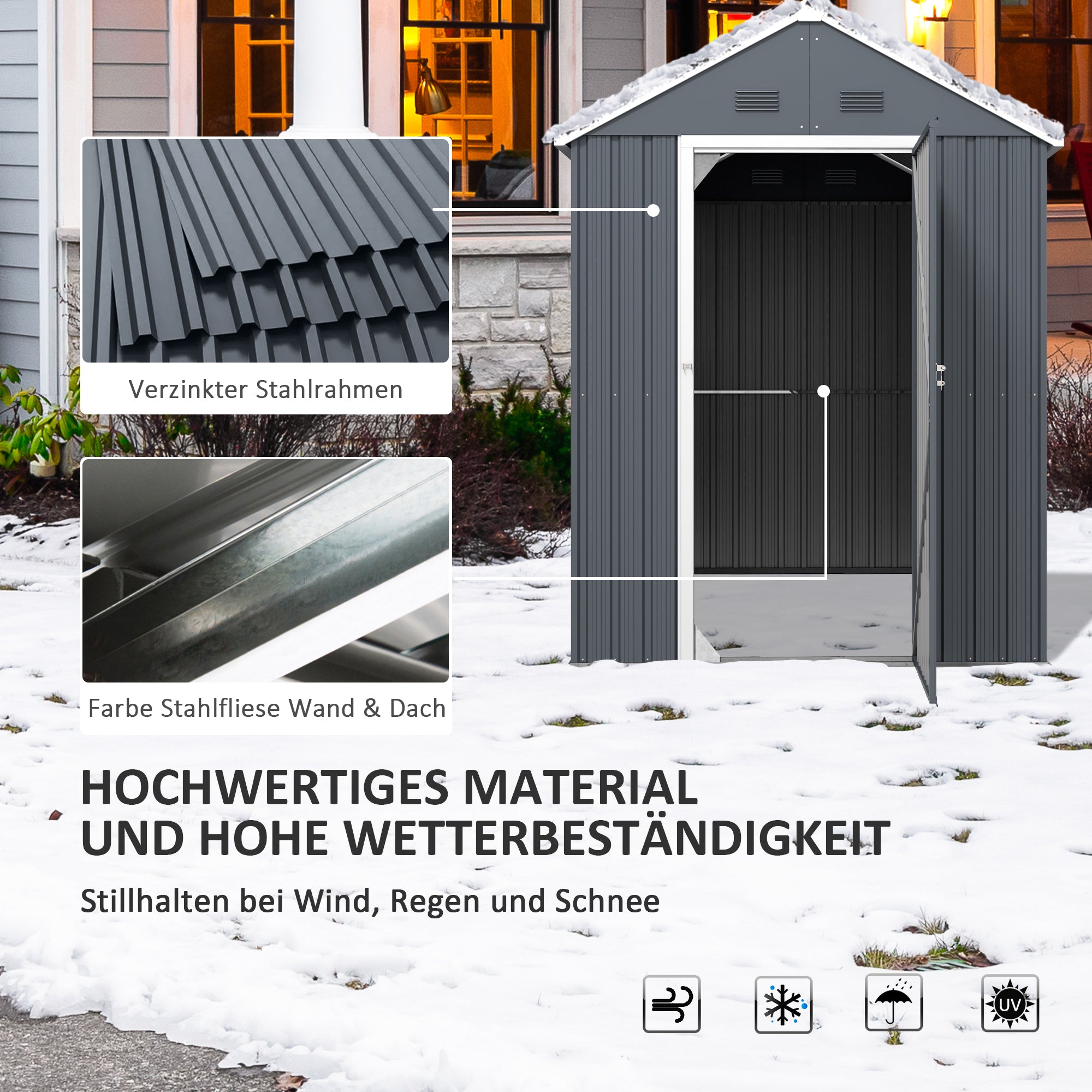 Outsunny Gartenschuppen, Metallgerätehaus, Doppeltür, Fenster, 259x172x222 cm, Grau/Weiß