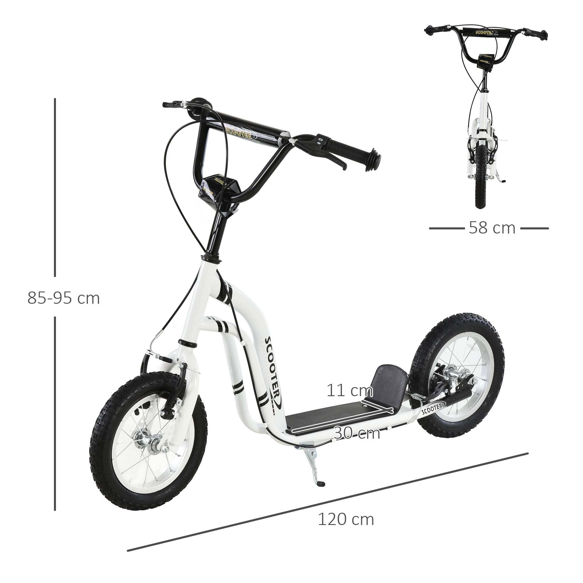 HOMCOM Kinderroller ab 5 Jahre Scooter Kinderscooter Tretroller Cityroller Kinder Roller Kickboard mit Luftreifen 12 Zoll Gummi Aluminium Weiß 120 x 58 x 85-95 cm