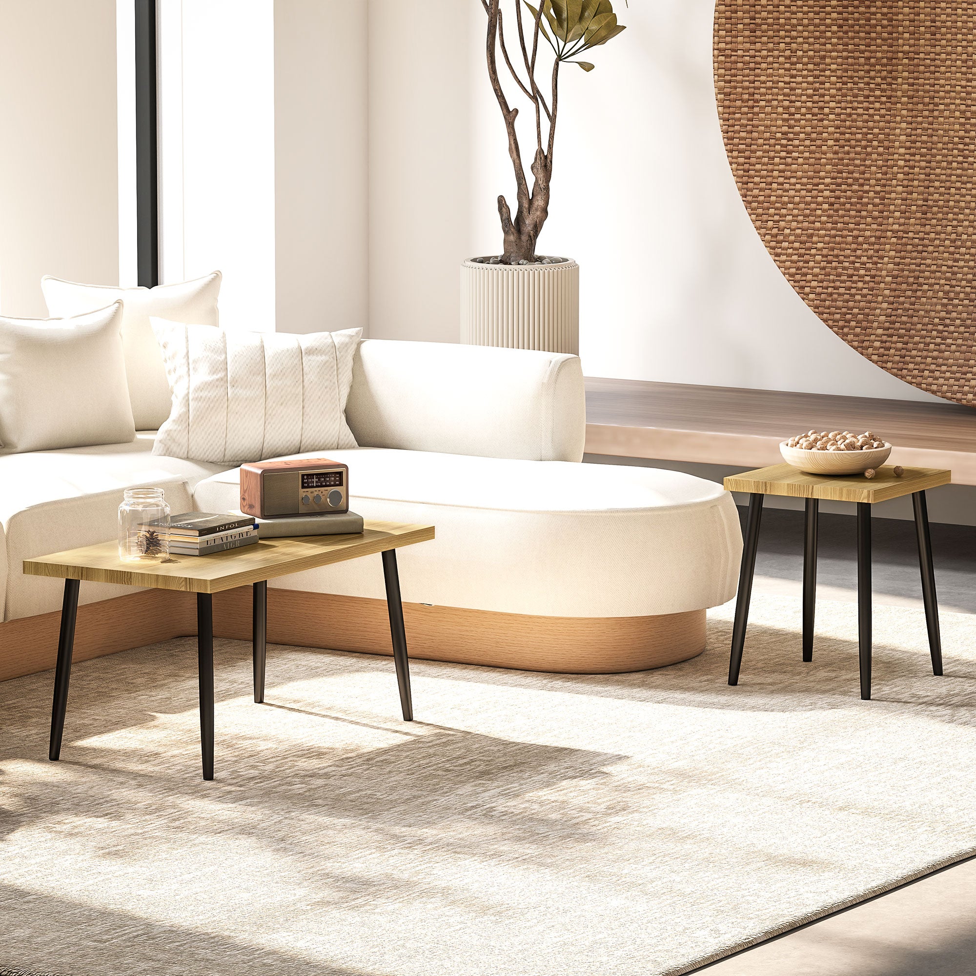 HOMCOM 2er-Set Kaffeetische, Großer und kleiner Tisch mit Metallrahmen und Holzplatte, Flexible Couchtische, Naturholz