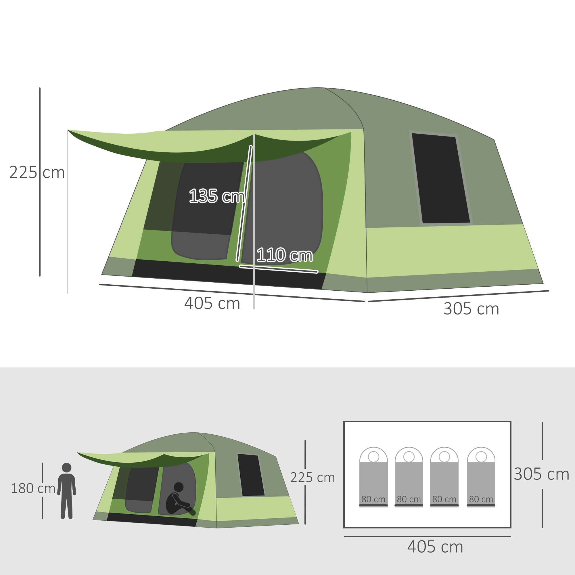 Outsunny Campingzelt Kuppelzelt Familienzelt 2 Schlafkabinen 4-8 Personen L405 x B305 x H225cm