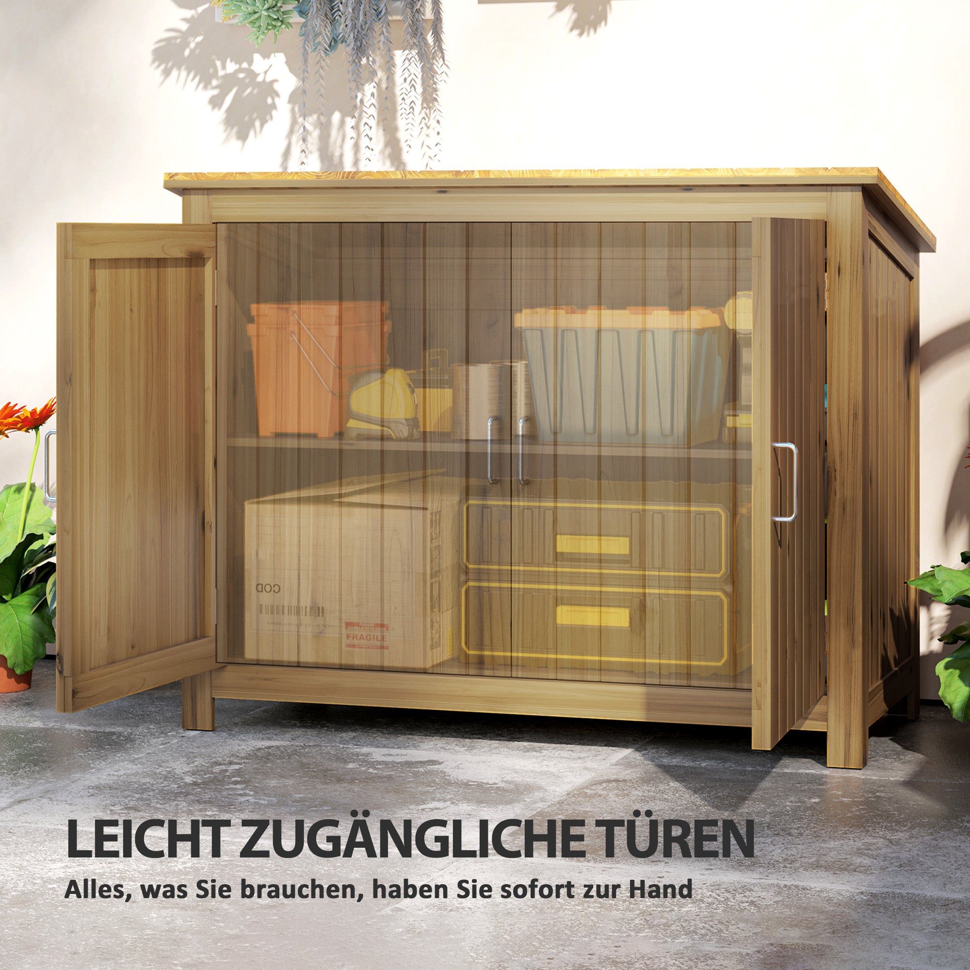 Outsunny Gartenschrank, Holzkommode mit 2 Regalen für Garten, Terrasse, Wetterfest, 110 x 50 x 85 cm, Braun