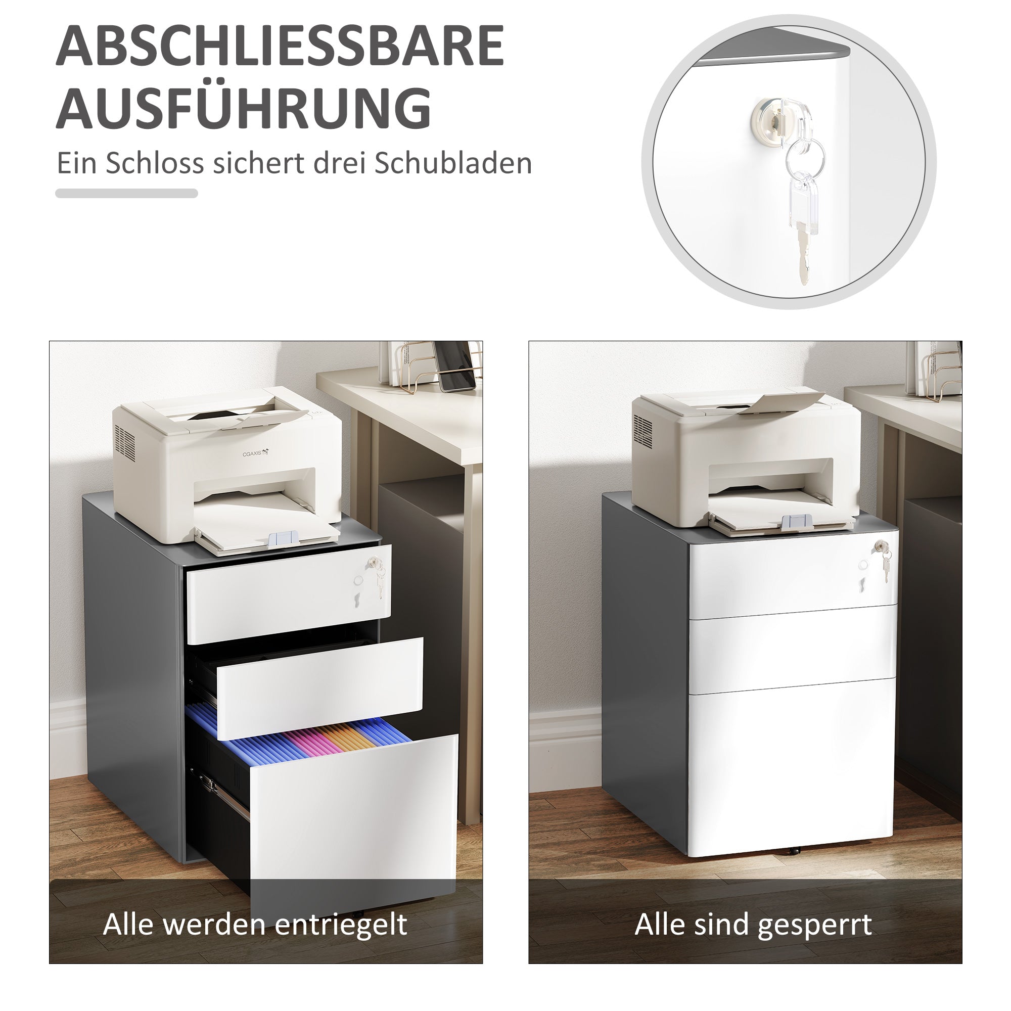 Vinsetto Aktenschrank, Rollcontainer, 3 Schubladen & Hängeregister, Schloss, Stahlgehäuse, 39x48x59 cm, Weiß+Grau