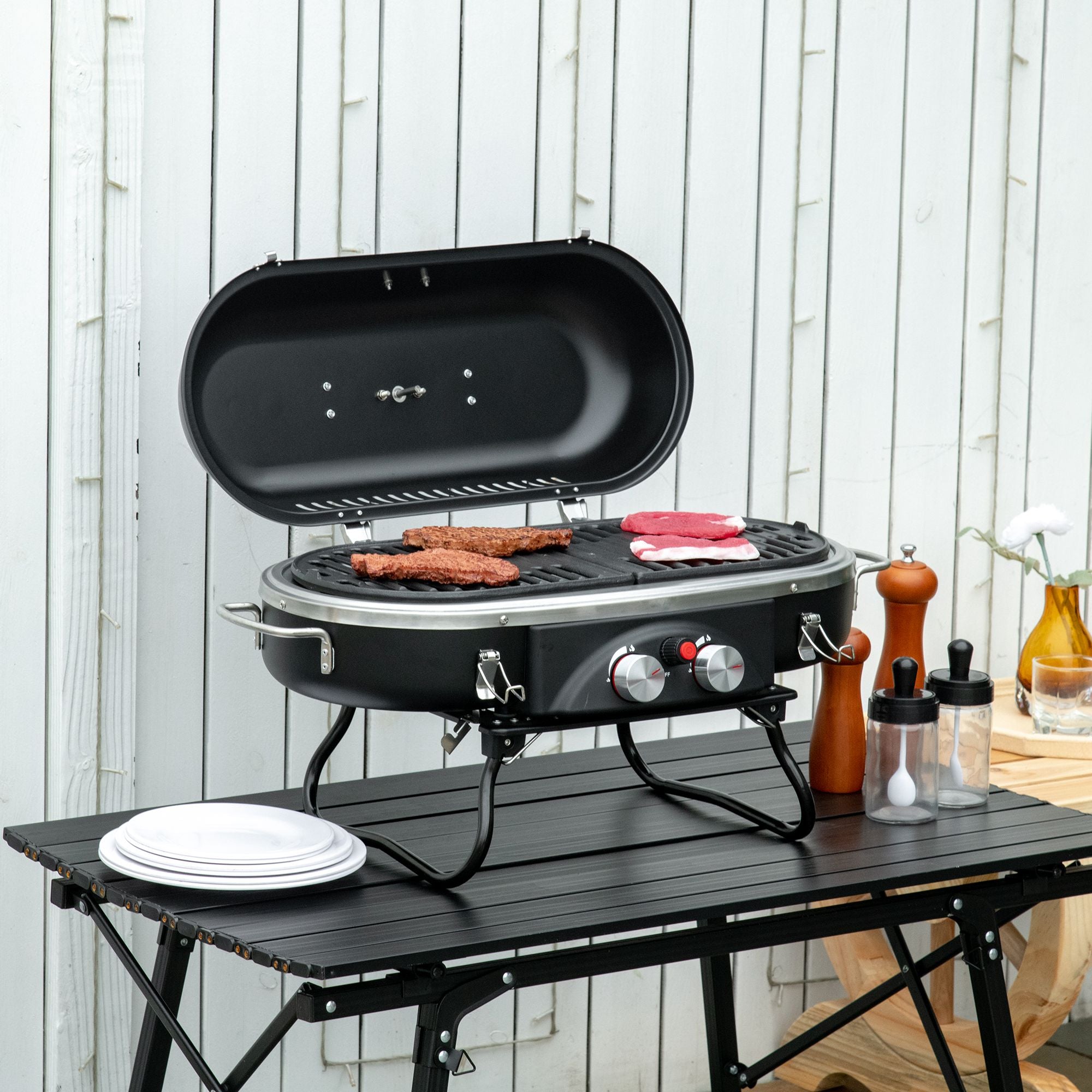Outsunny Gasgrill 2,34 KW Klappbar BBQ Gartengrill inkl 2 Edelstahl-Brenner Druckminderer 66 x 34,5 x 37 cm Schwarz