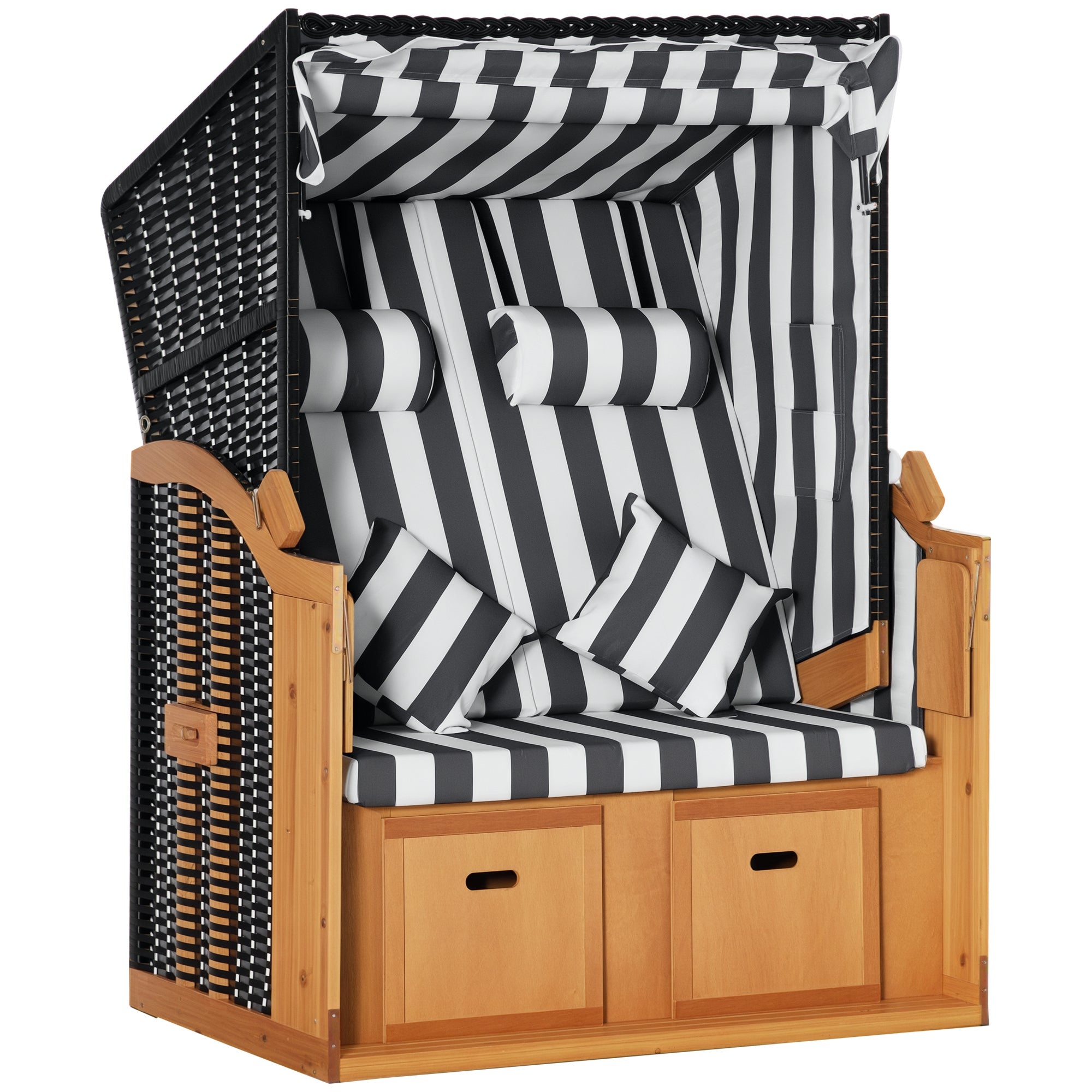 Outsunny Strandkorb mit Fußstützen, Klapptisch und Nackenrollen, Outdoormöbel, Natur + Grau + Weiß