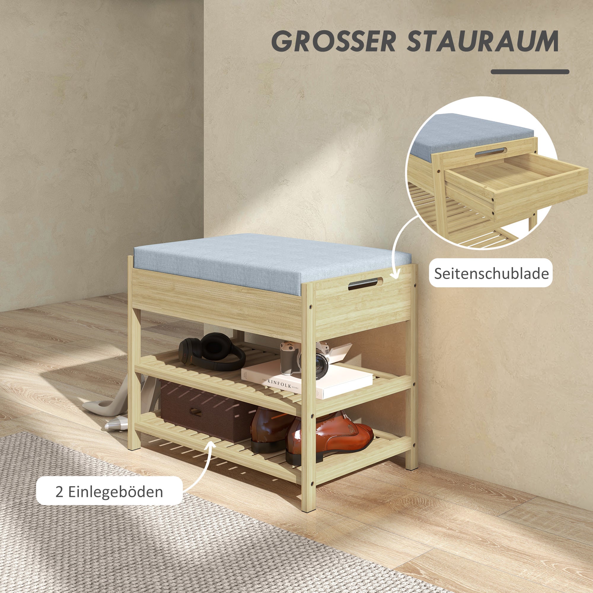 HOMCOM Schubank Schuhregal, 2 Ablagen, Sitzpolster, Bambus, 55 cm x 35 cm x 46 cm, Grau + Natur