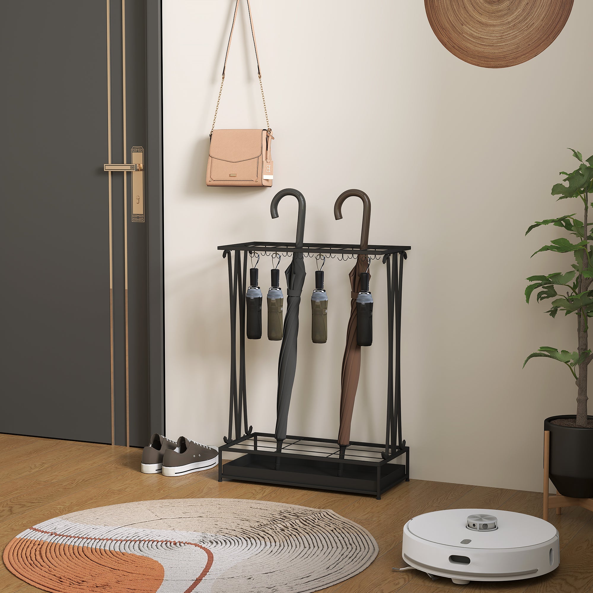 HOMCOM Schirmständer mit herausnehmbarer Tropfwasserschale, Regenschirmständer mit 21 Öffnungen und 24 Haken, Stahl, Schwarz