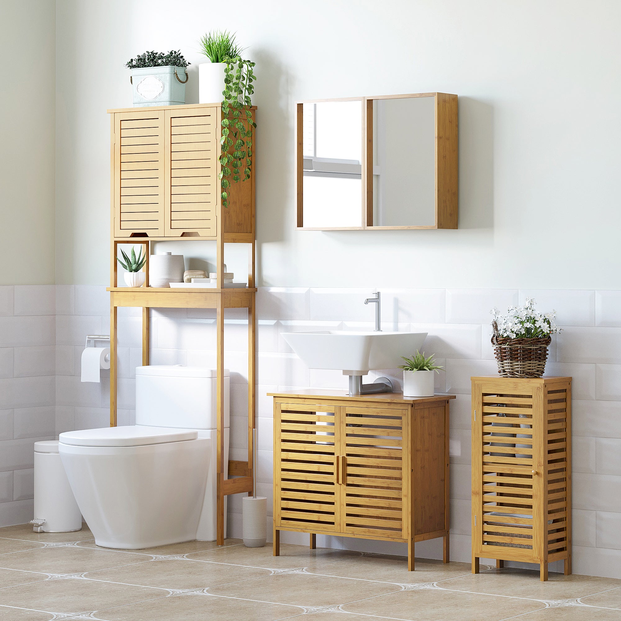 kleankin Badezimmerschrank mit Lamellentür, versetzbarem Einlegeboden, Naturbambus, 30x19,9x70 cm
