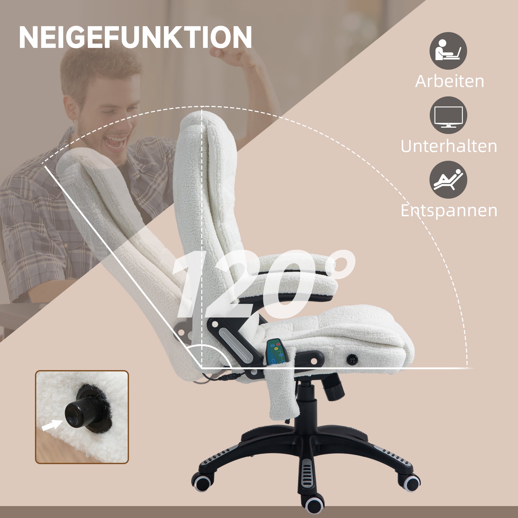 Vinsetto Bürosessel Massagefunktion Massagebürostuhl, Massagefunktion, höhenverstellbar, 67 x 74 x 107-116 cm, Weiß