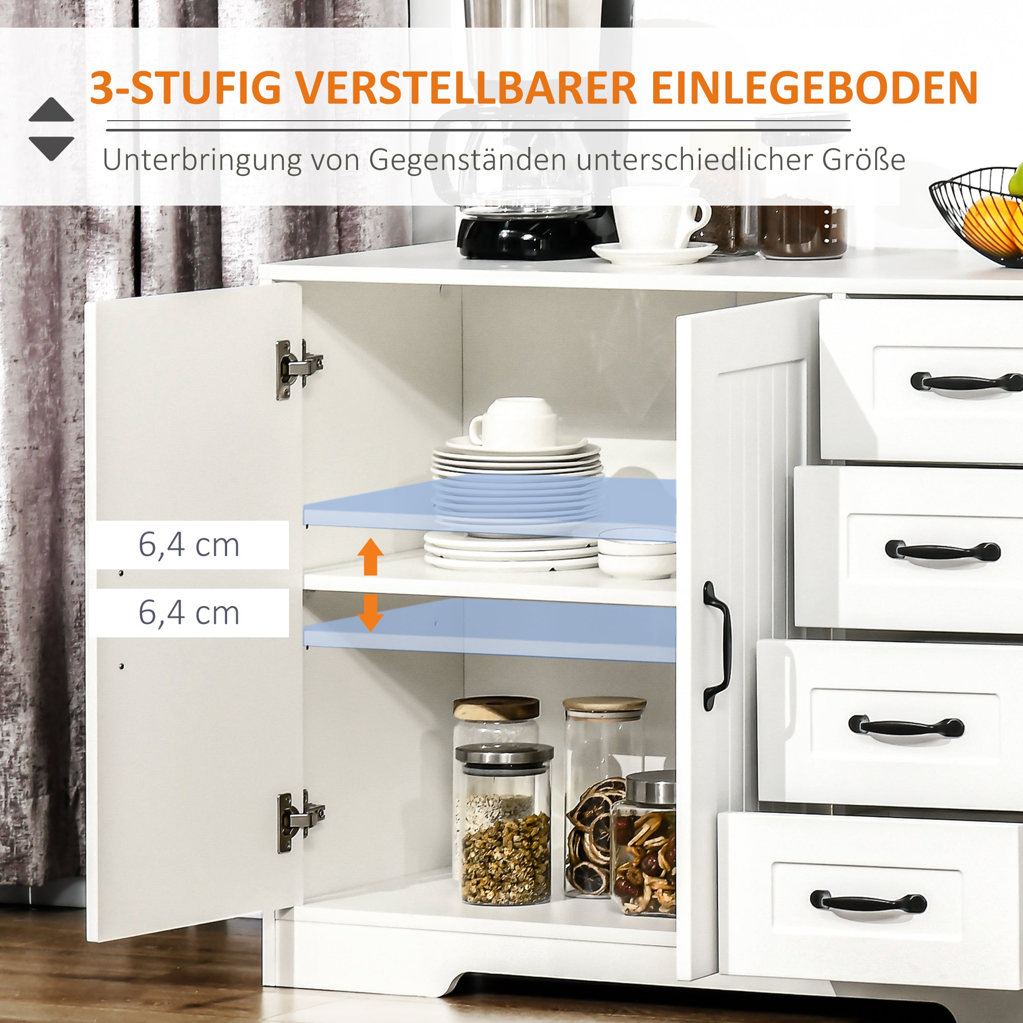 HOMCOM Sideboard Kommode Anrichte, Modernstil, 4 Schubladen, 1 Schrank, 105 cm x 40 cm x 76 cm, Weiß