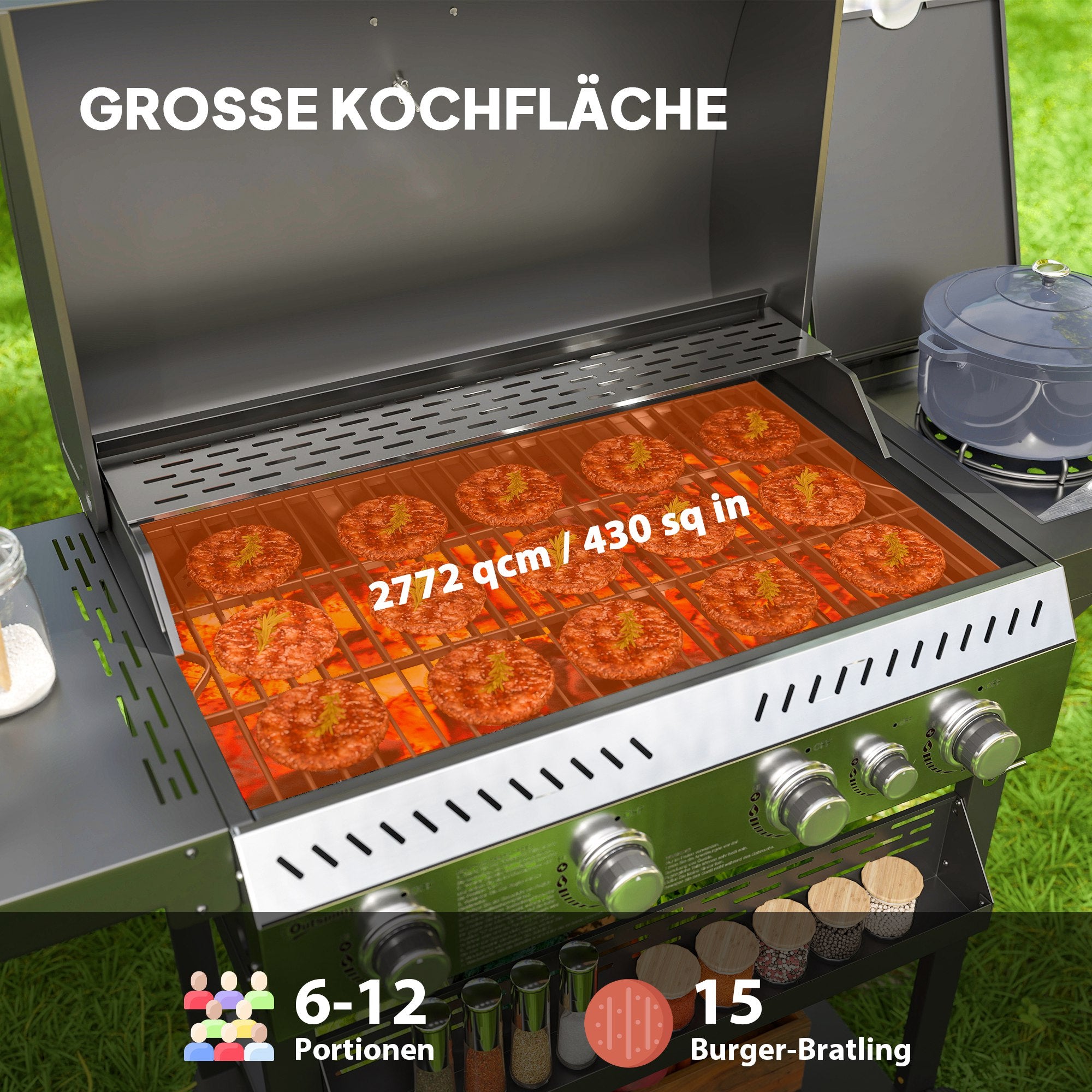Outsunny Gasgrill, BBQ-Grill, 4 Hauptbrenner, 1 Seitenkocher, 1 Warmhalteplatte; 135 x 55 x 103 cm, Schwarz