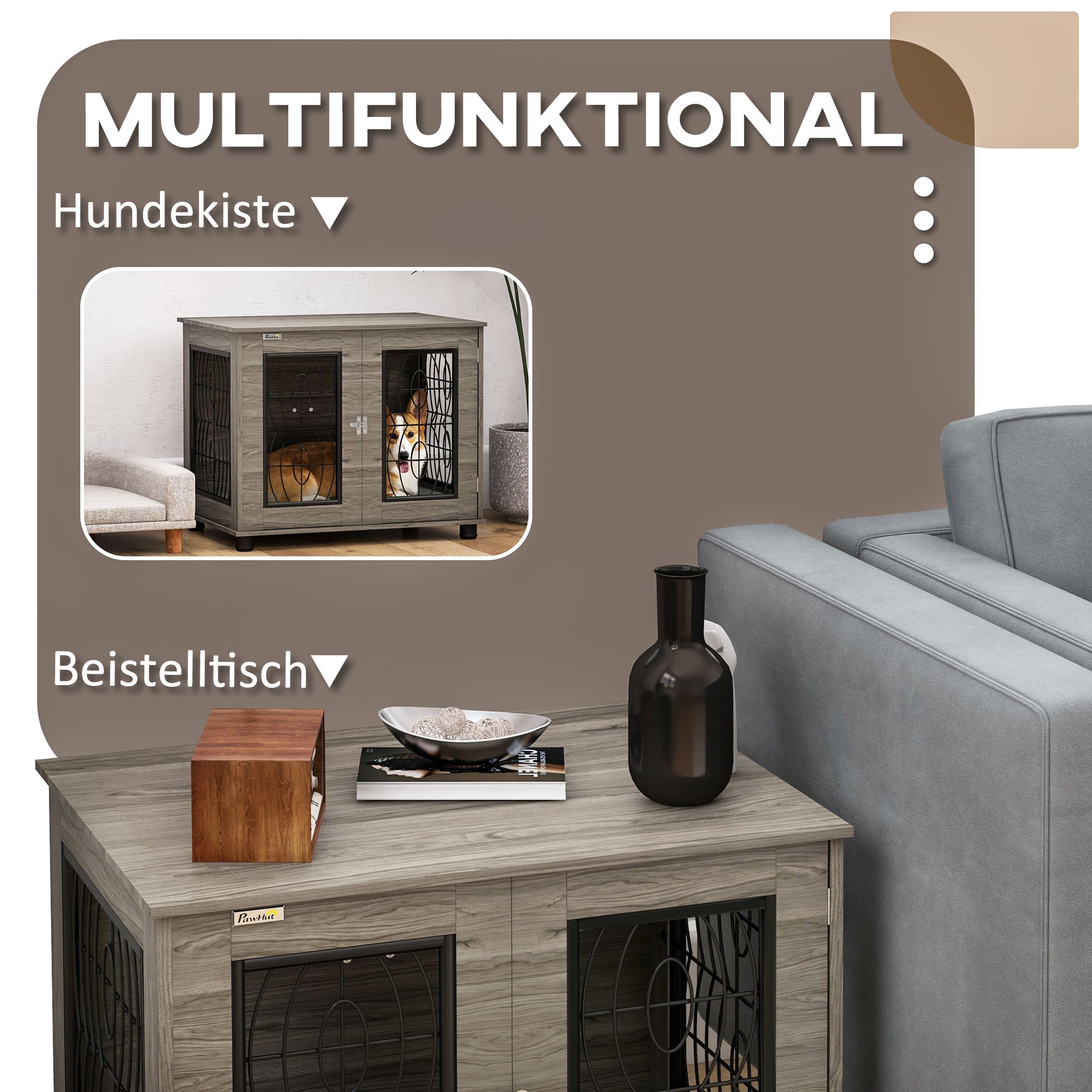 PawHut Hundebox mit Liegekissen, bis 20kg/50cm Körperlänge, Metall, 80x56x63cm, Grau/Holzdekor