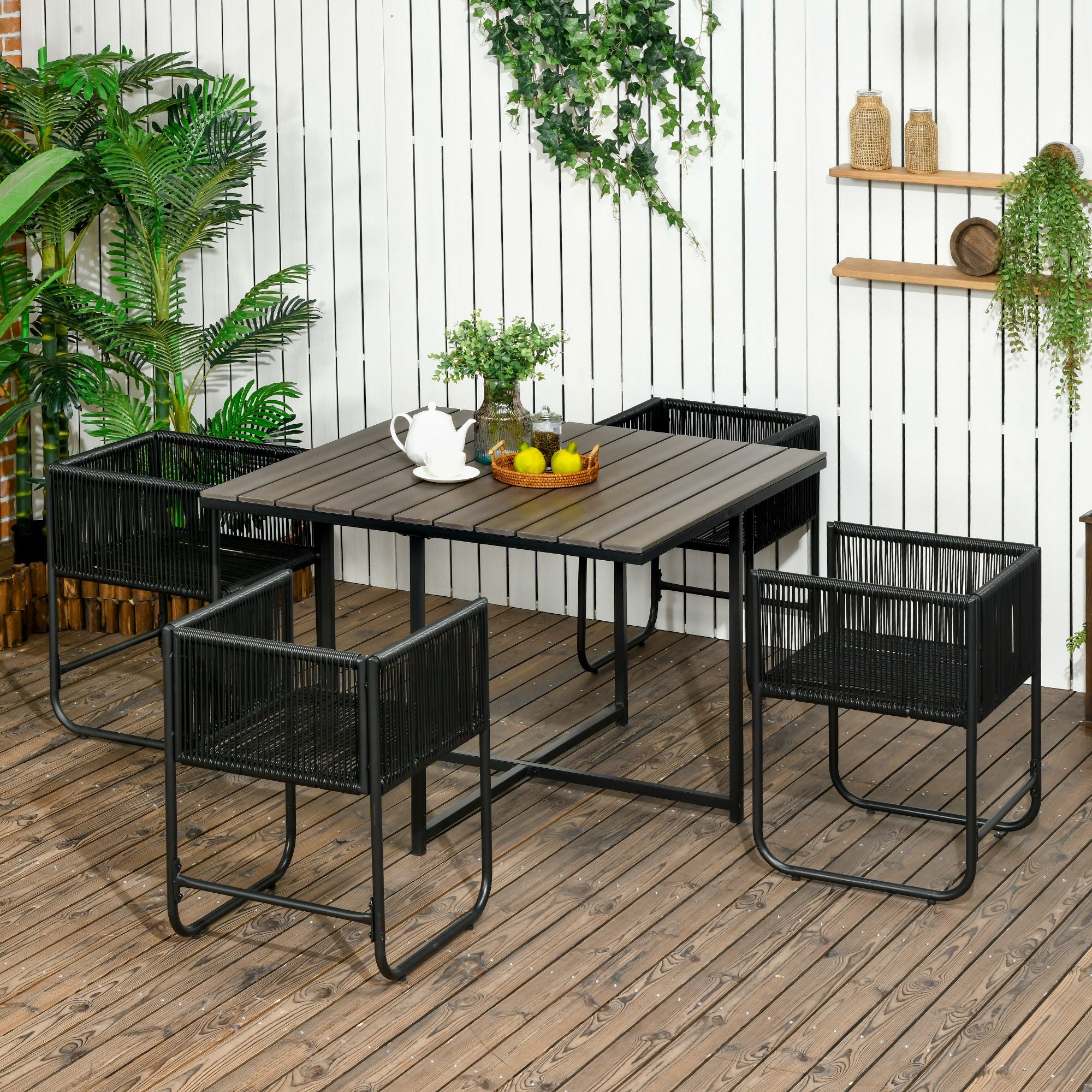 Outsunny Outdoor Essgruppe, Gartengarnitur, 5-teilig, Polyrattan, Sitzkissen, wetterfest, Schwarz/Grau