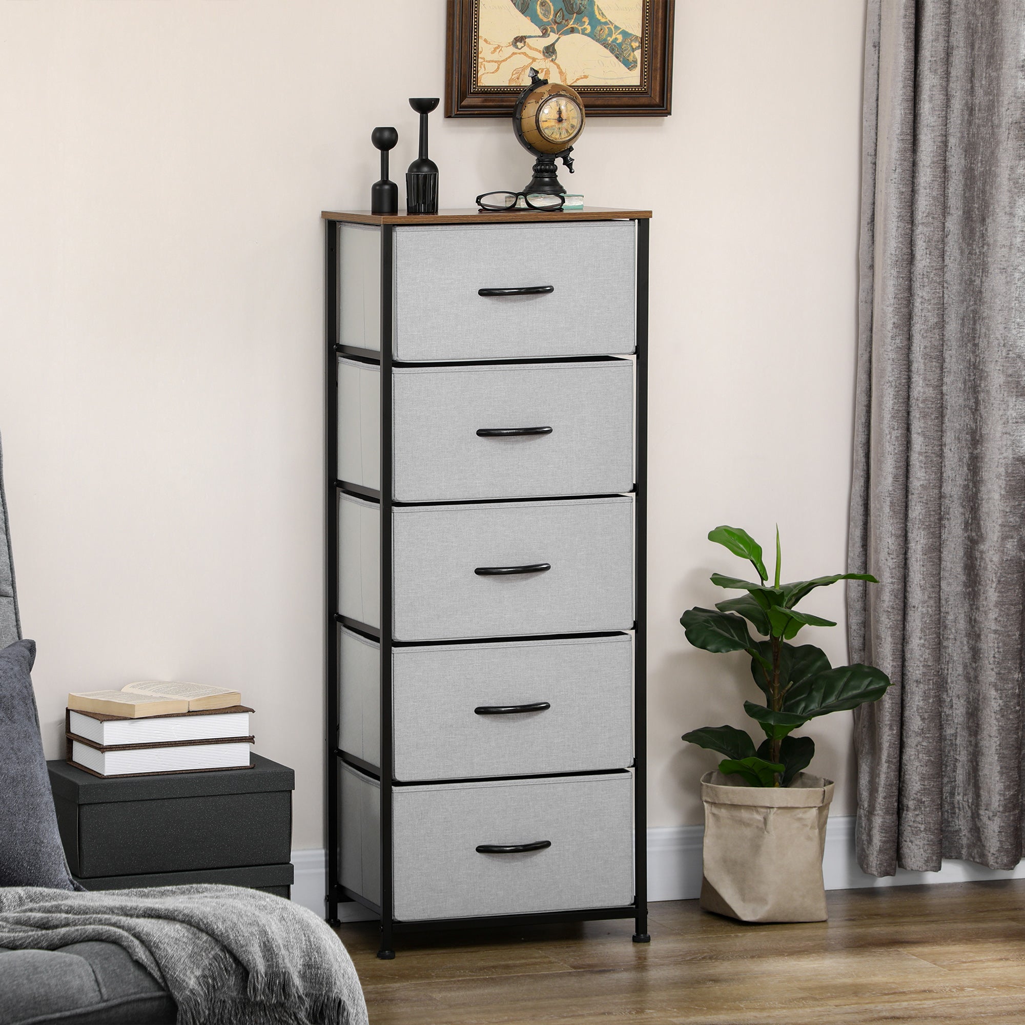 HOMCOM Kommode mit 5 Schubladen aus Stoff Aufbewahrungsschrank mit Griffen 45 x 30 x 116 cm Grau
