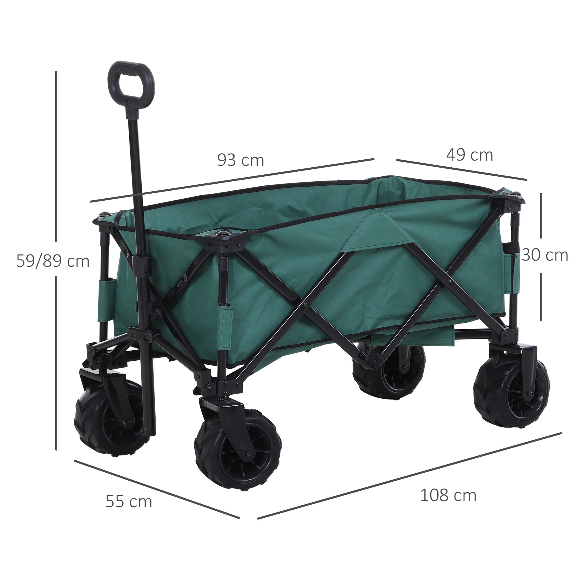 Outsunny Bollerwagen Faltbarer Handwagen 360° Gartenwagen Transportwagen mit Teleskop Griff Verstellbarer Griffhöhe Strandwagen bis 70 kg Tragkraft Metall Oxford Grün 108 x 55 x 59-89 cm