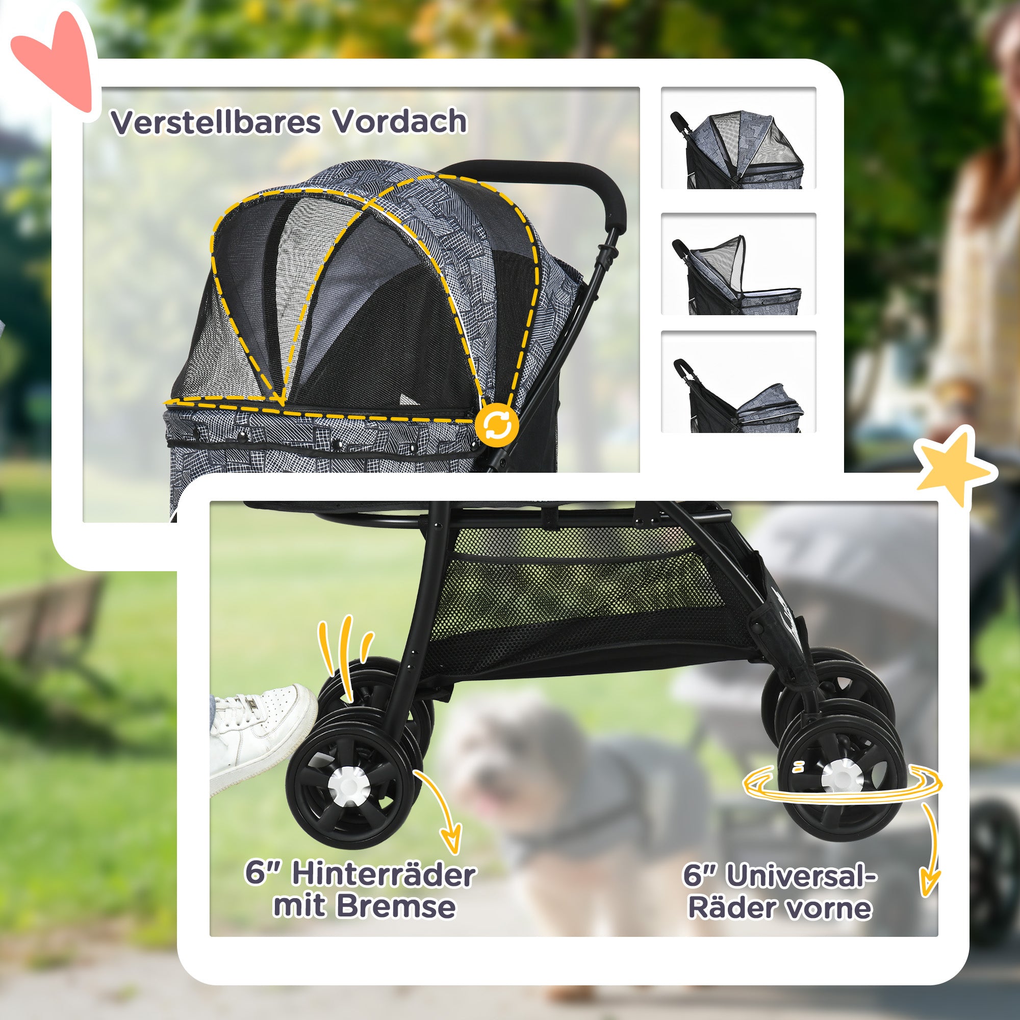 PawHut Hundebuggy Hundewagen bis 10kg klappbar verstellbares Vordach Bodenkorb Kissen Seitentasche 81 cm x 48 cm x 99 cm Grau