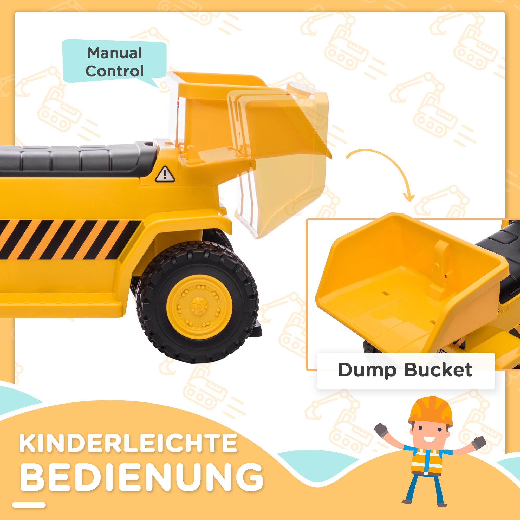 HOMCOM Elektro-Kipplaster für Kinder, kippbare Ladefläche, max. 3 km/h, Scheinwerfer, Hupe, gelb, 74,5 x 36 x 43,5 cm
