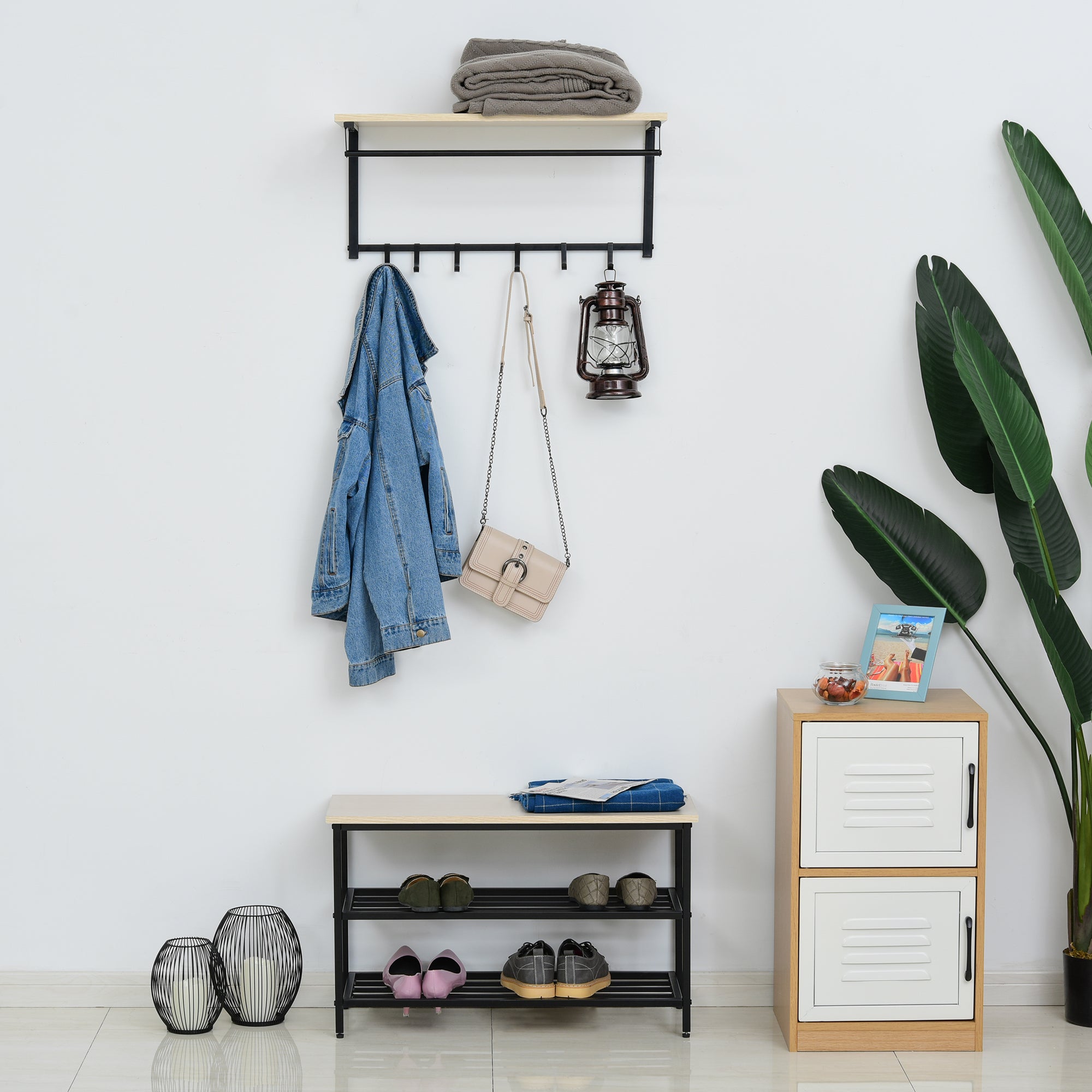 HOMCOM 2-in-1 Garderobenset Flurgaderobe mit Sitzbank Wandgarderobe für Eingangsbereich, 6 Haken, Natur+Schwarz, 75 x 30 x 45 cm(Sitzbank)