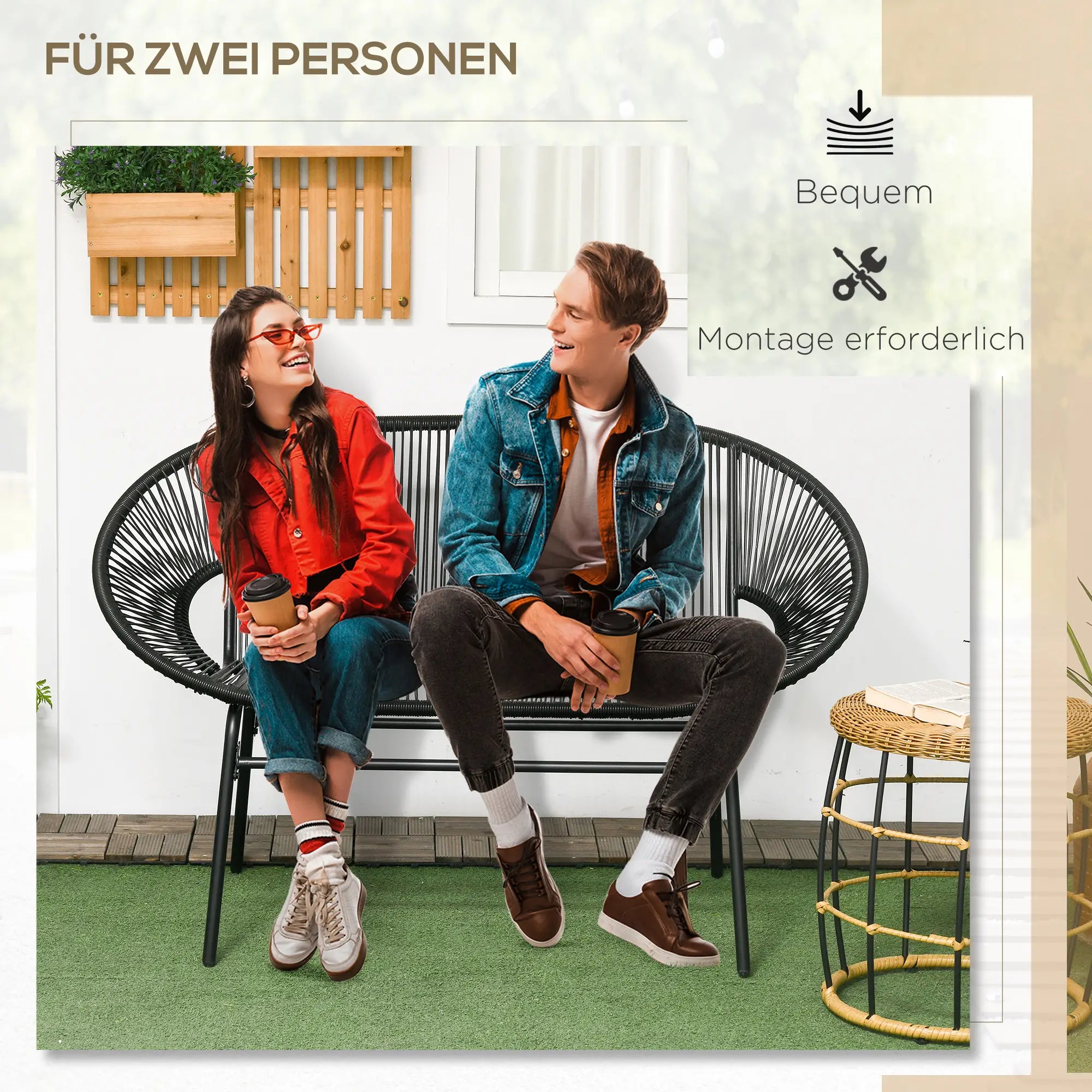 Outsunny Polyrattan Gartenbank 2-Sitzer Outdoor Balkon wetterfest