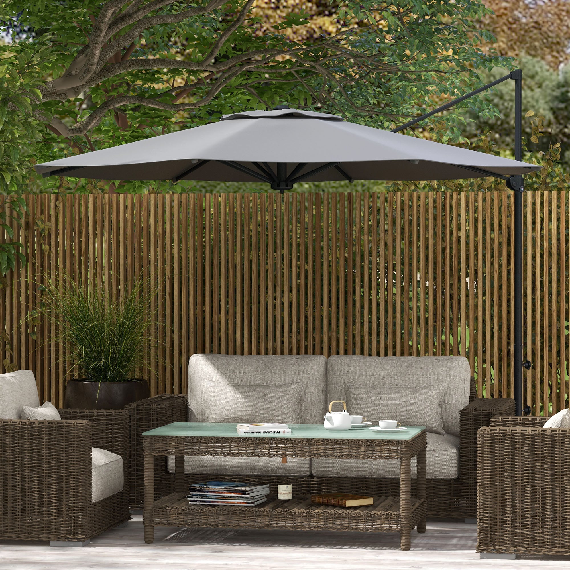 Outsunny Ø3 m Ampelschirm, neigbar, drehbar, Handkurbel, Windhaube, Metallmast, Dunkelgrau