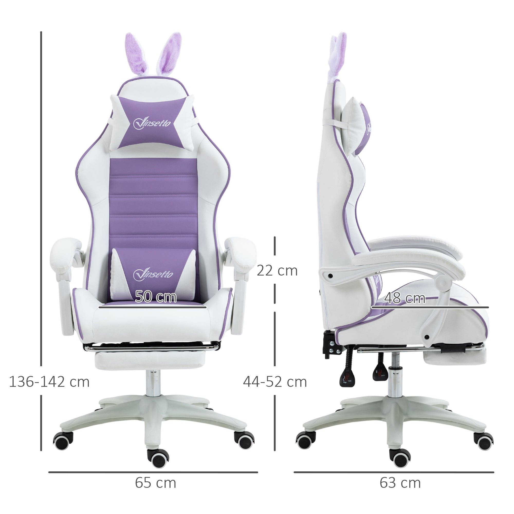 Vinsetto Gaming Stuhl Ergonomischer Gamer Stuhl mit Lendenwirbelstütze, Fußstütze Hasenohren Kopfkissen Violett