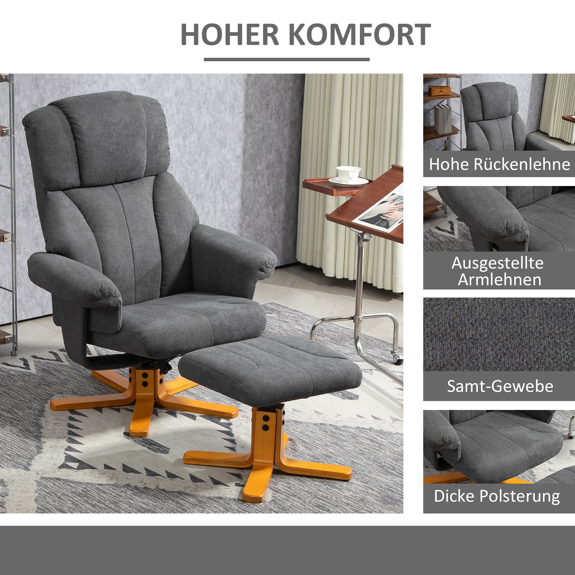 HOMCOM Verstellbarer Sessel mit Fußhocker mit hoher Lehne und Holzrahmen für Wohnzimmer, Schlafzimmer, Dunkelgrau