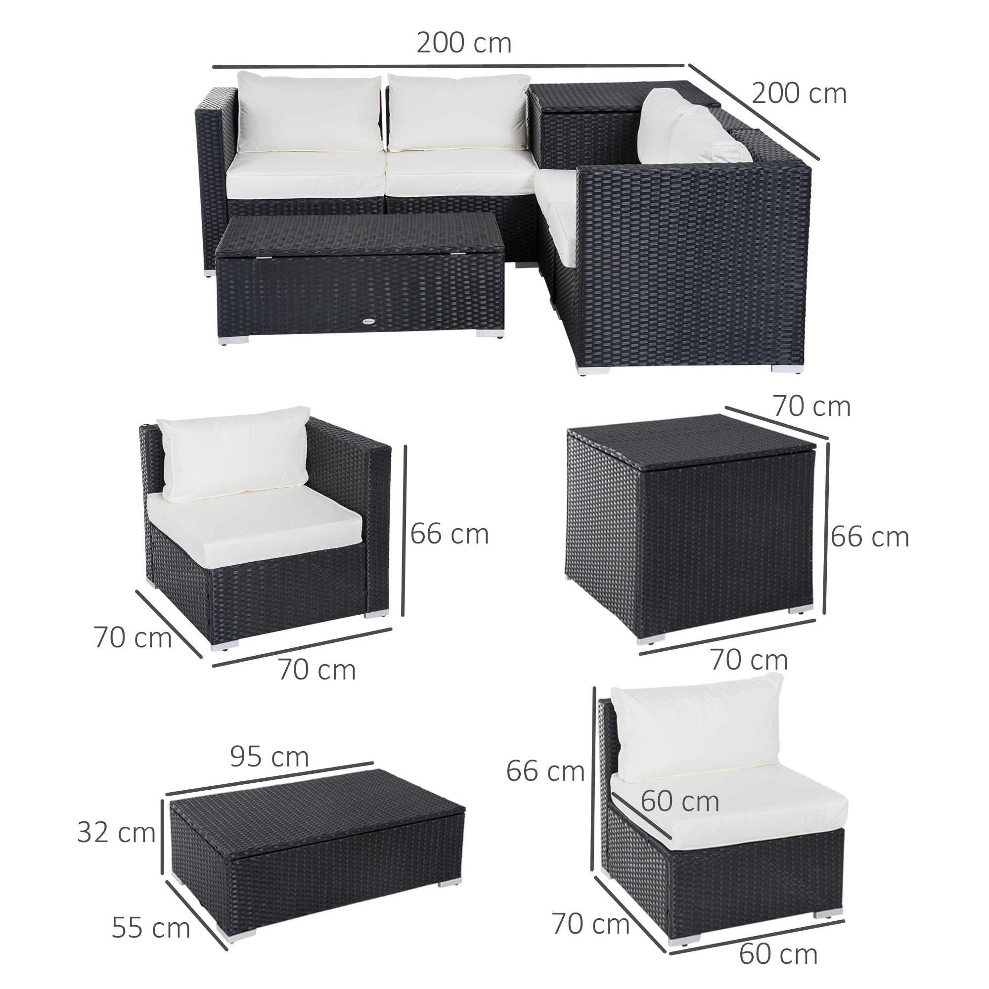 Outsunny Polyrattan Gartenmöbel Set für 4 Personen Sitzgarnitur mit Kissen Sitzgruppe Tisch mit Stauraum Schwarz+Creme