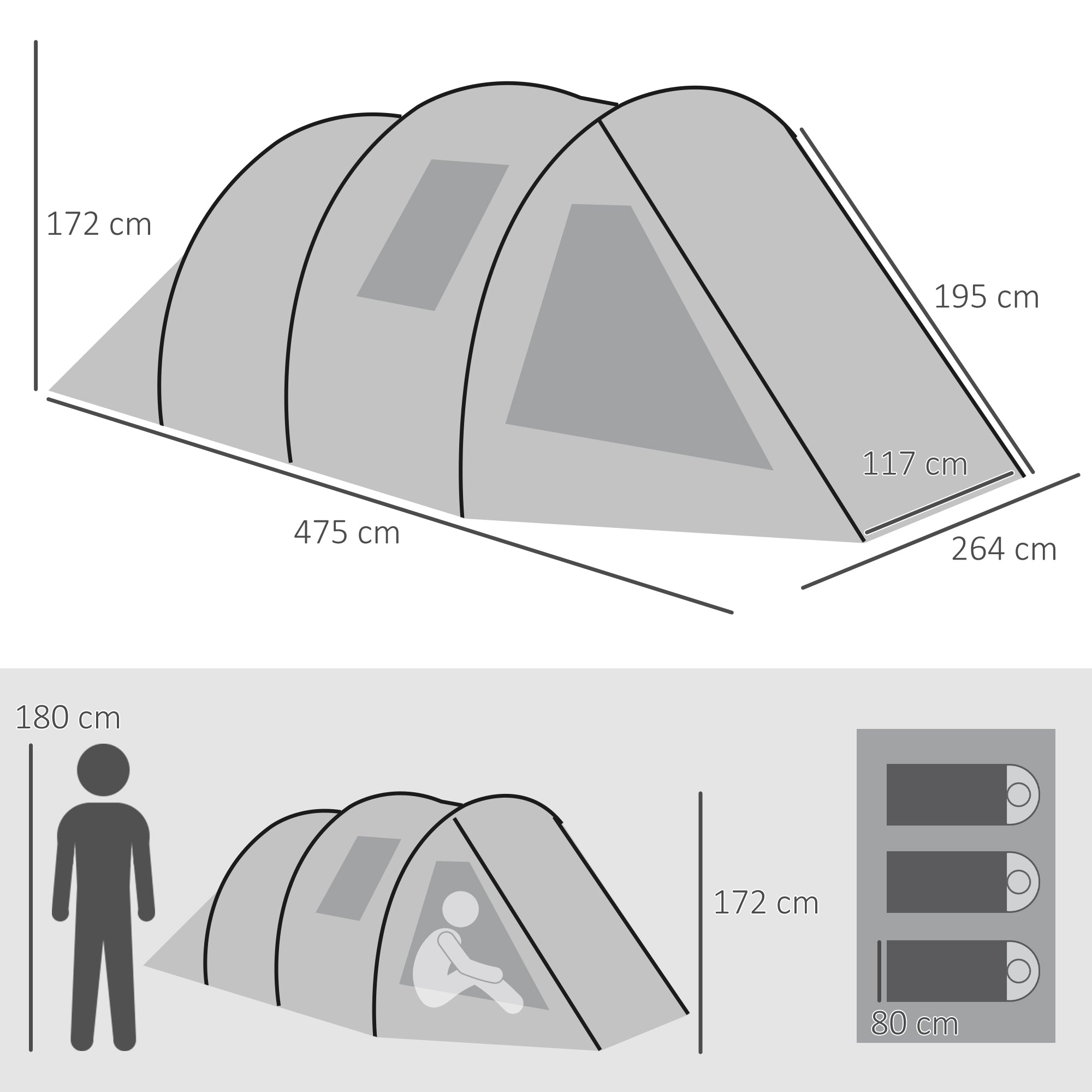 Outsunny Campingzelt für 3-4 Personen, zwei Innenräume, Netzfenster, grün, 4,75 x 2,64 x 1,72 m