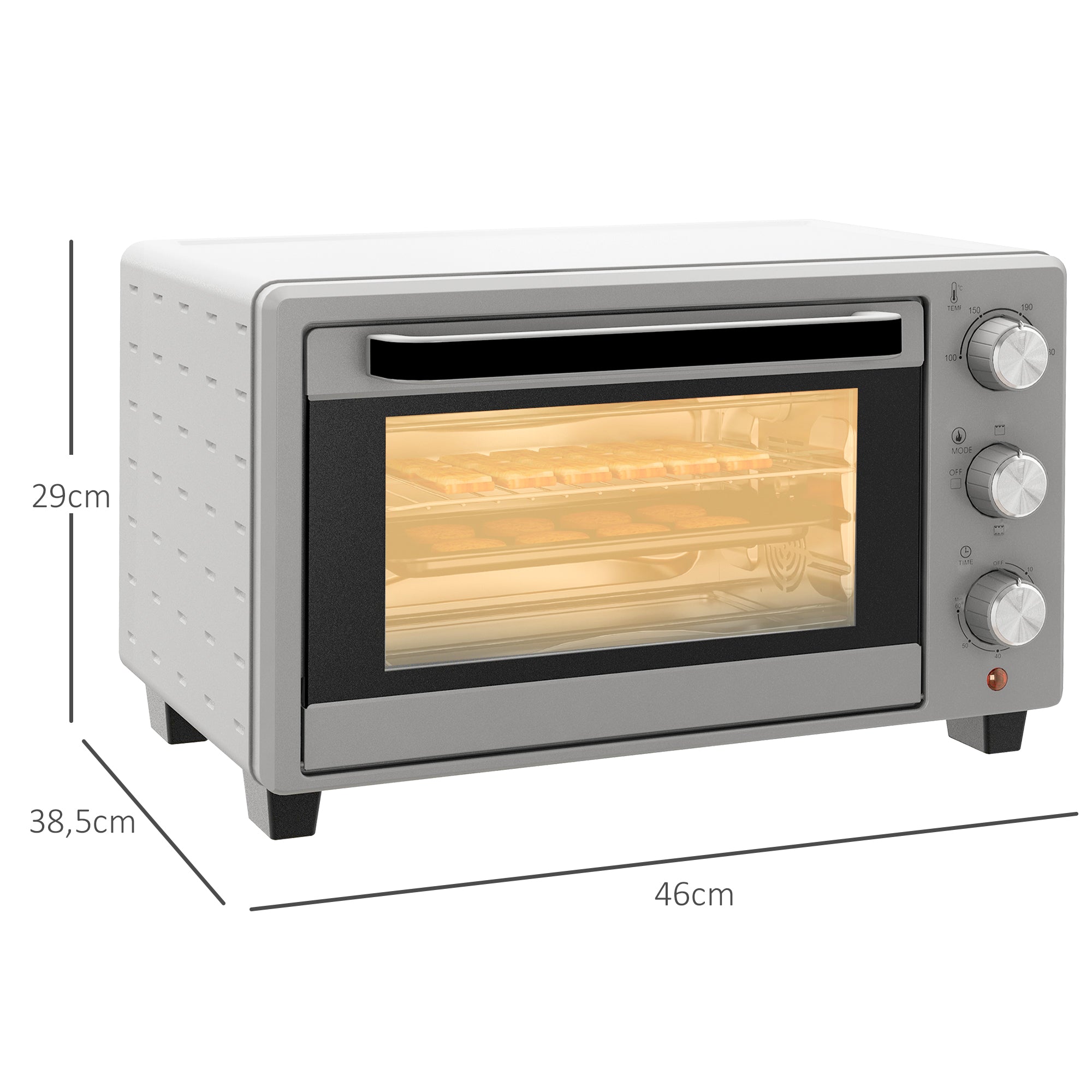 HOMCOM Minibackofen, 21 L Toasterofen mit 1 Drahtgestell und 1 Backblech, 3 Kochmodi, 100 °C-230 °C, Edelstahl, Glas, Silber