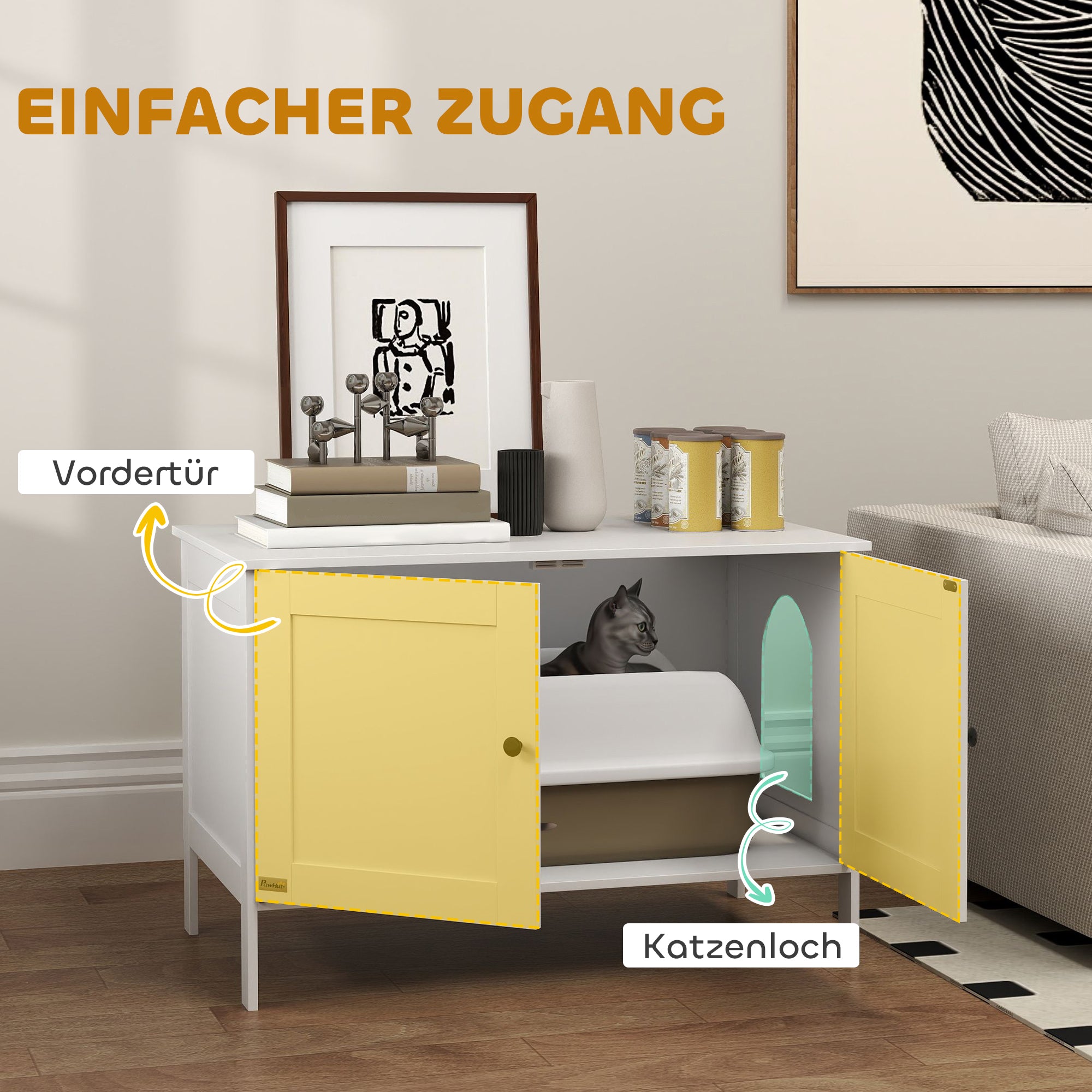 PawHut Katzenklo-Schrank Katzenhaus mit Tür Trennwand Katzentoilette für große Katzen 80 x 51 x 54 cm Weiß